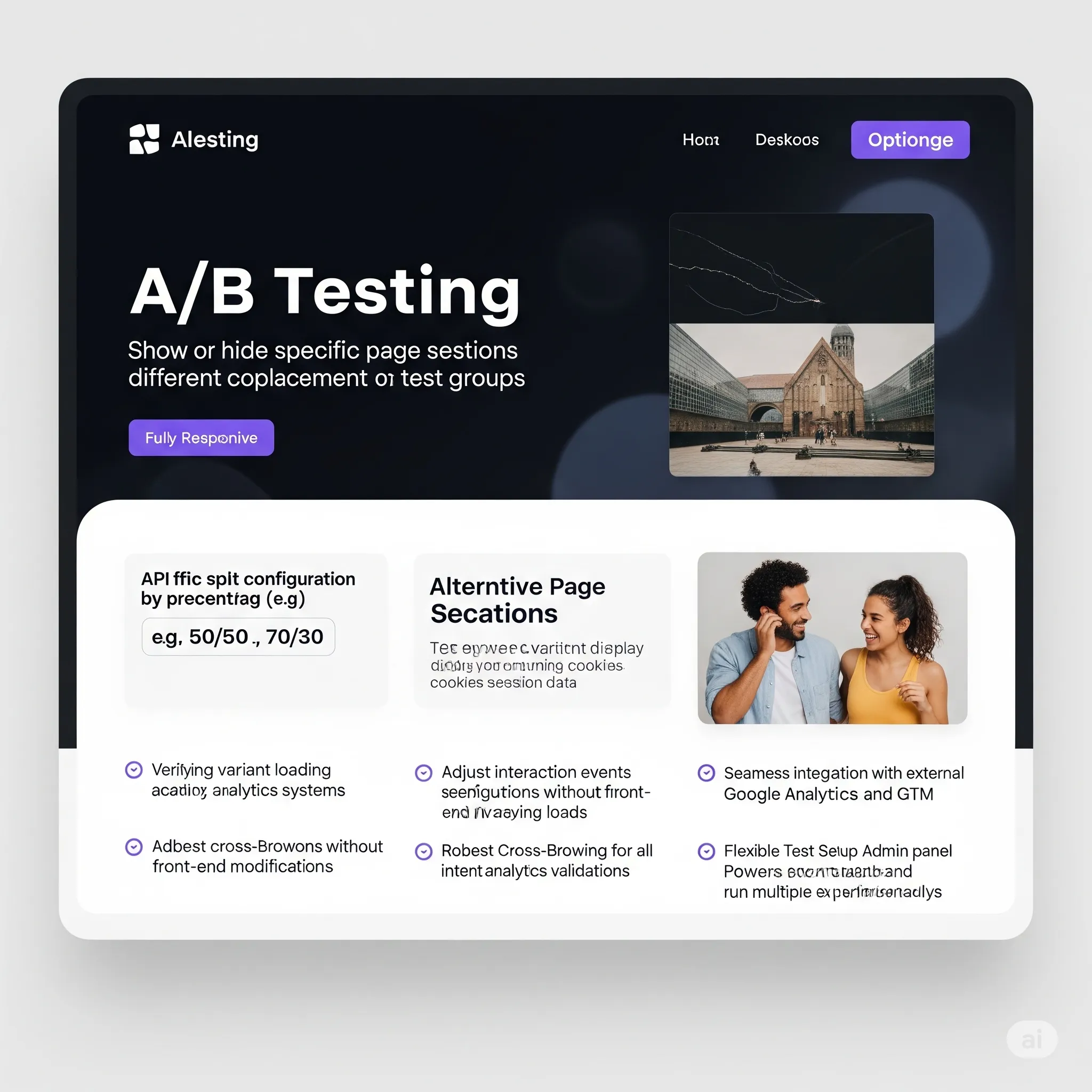 desktop interface showing traffic split settings and performance metrics in A/B test dashboard
