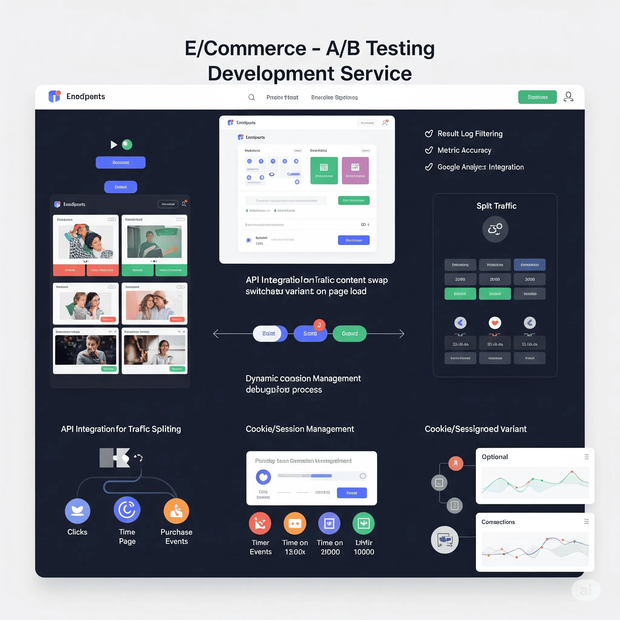 dashboard view of traffic split metrics and user engagement for different A/B test variants
