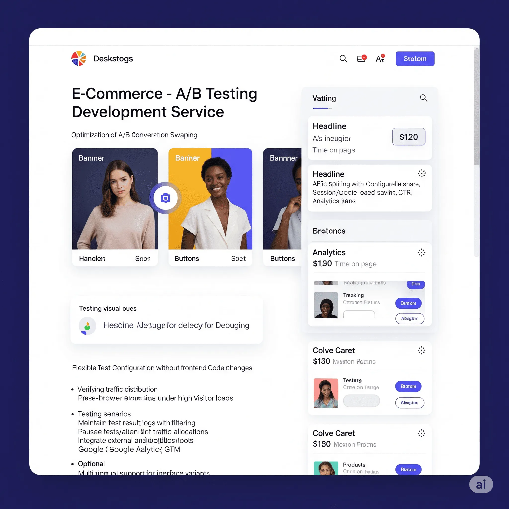 desktop preview of A/B testing showing variant A with original add-to-cart button and layout