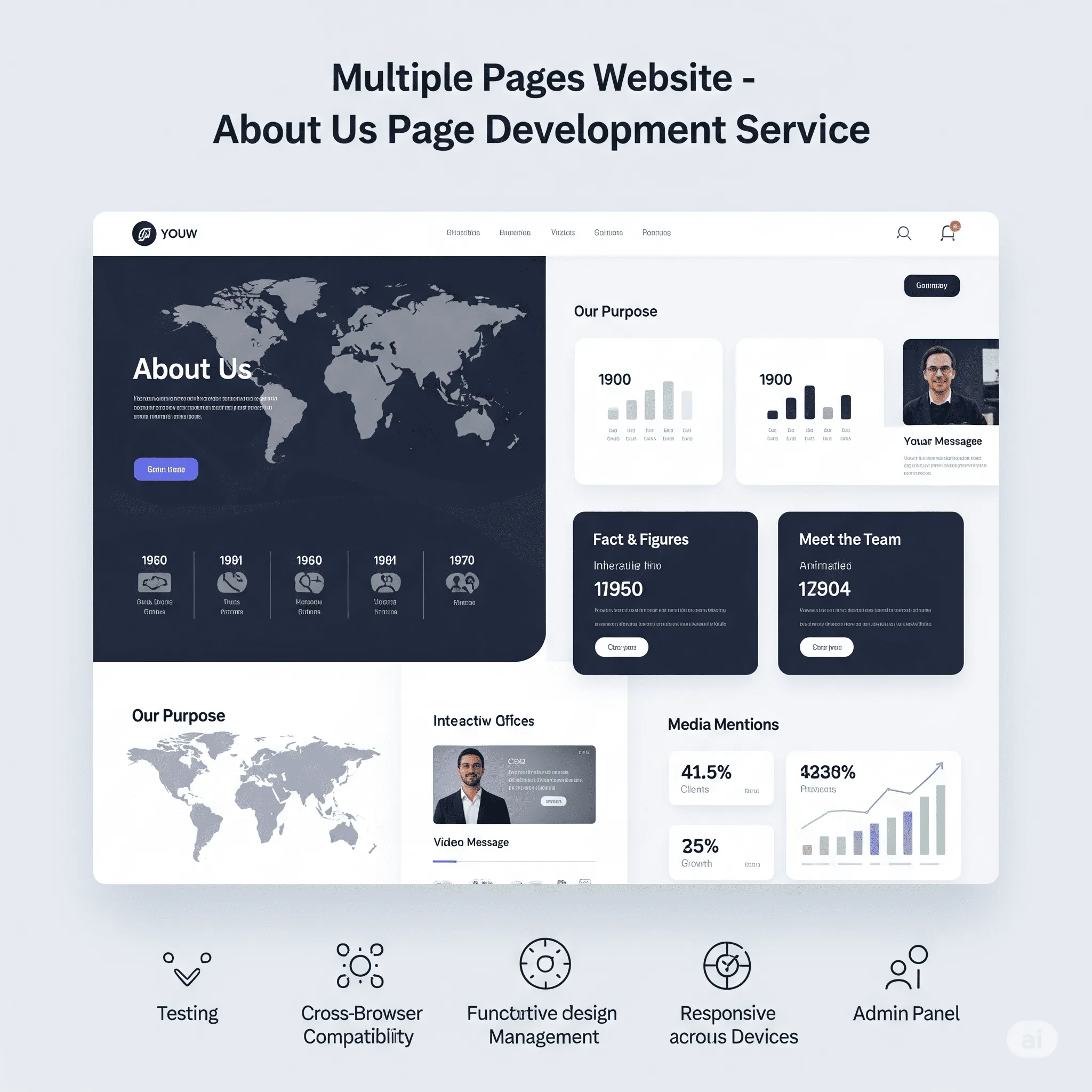 desktop view of About Us page with animated company facts and embedded CEO video introduction