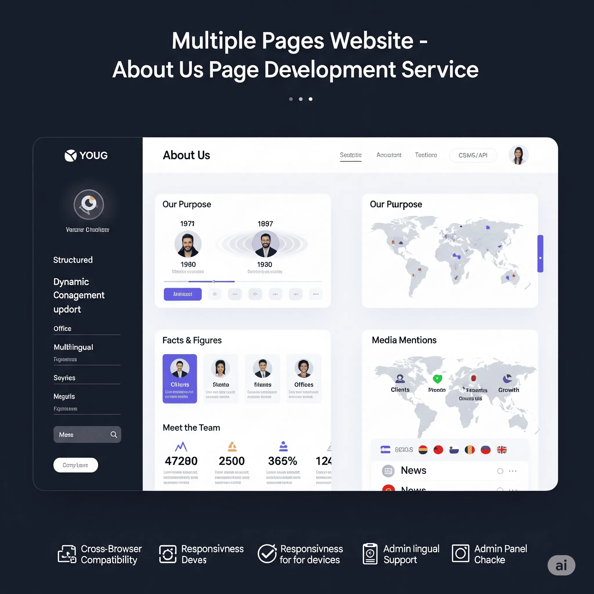 desktop layout of About Us page featuring team members, mission statement, and company values