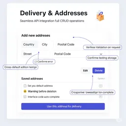 desktop interface showing delivery address form with animated save button and confirmation feedback