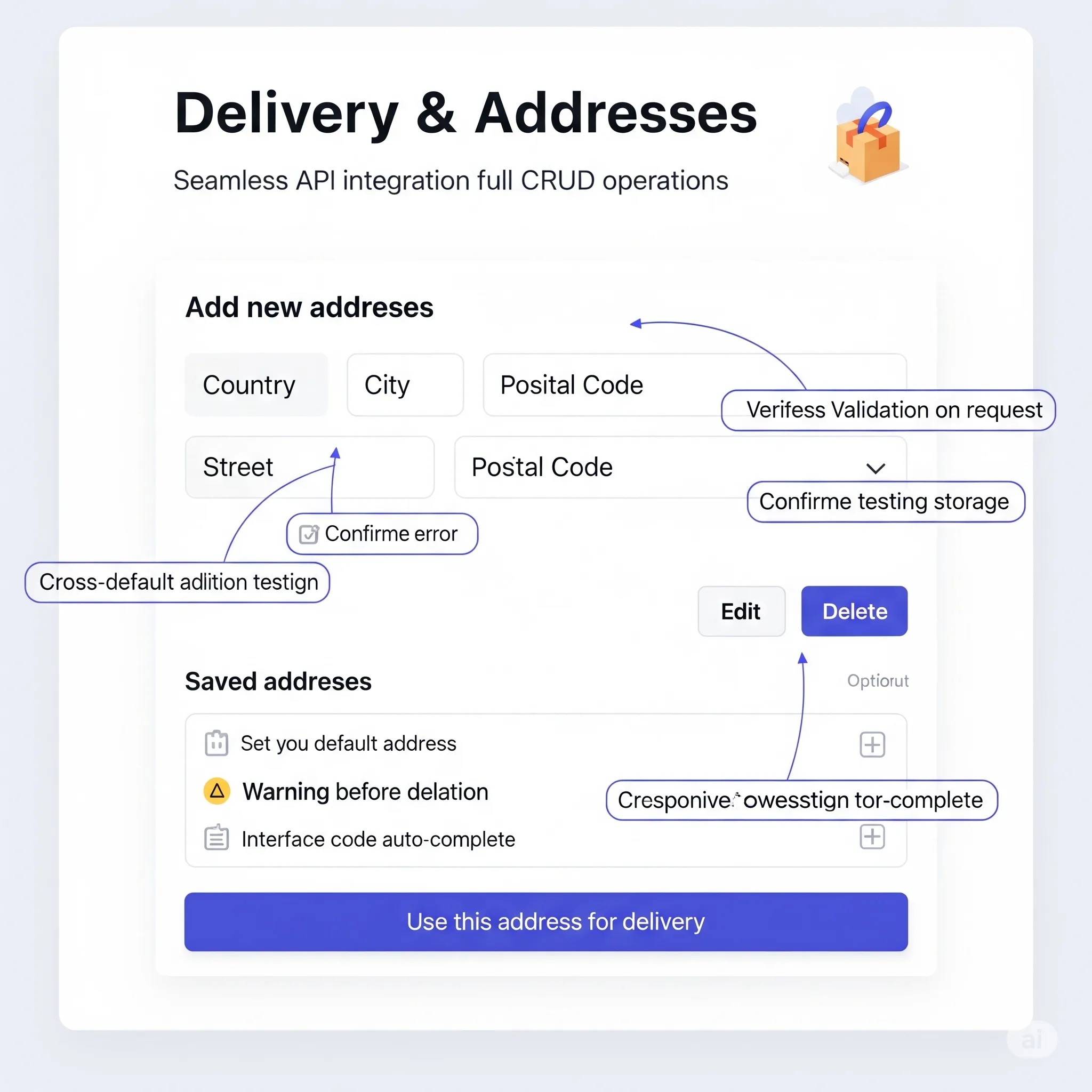 desktop interface showing delivery address form with animated save button and confirmation feedback