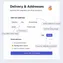 desktop interface showing delivery address form with animated save button and confirmation feedback