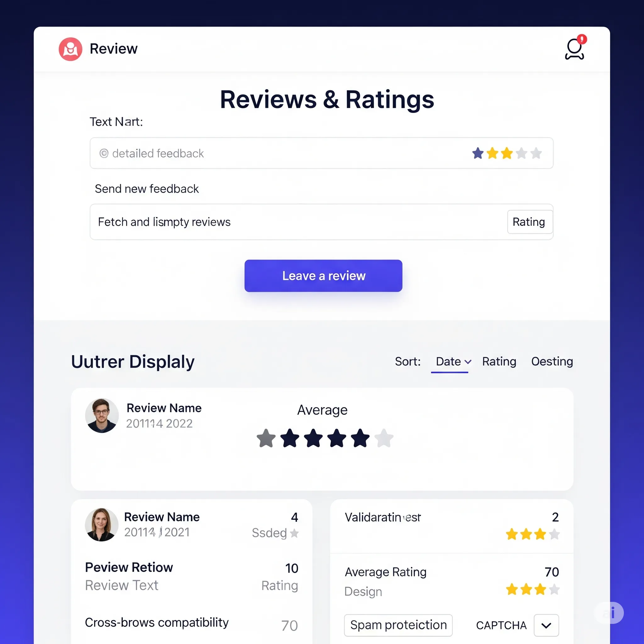 desktop view of customer review submission form with animated star rating selector and live validation