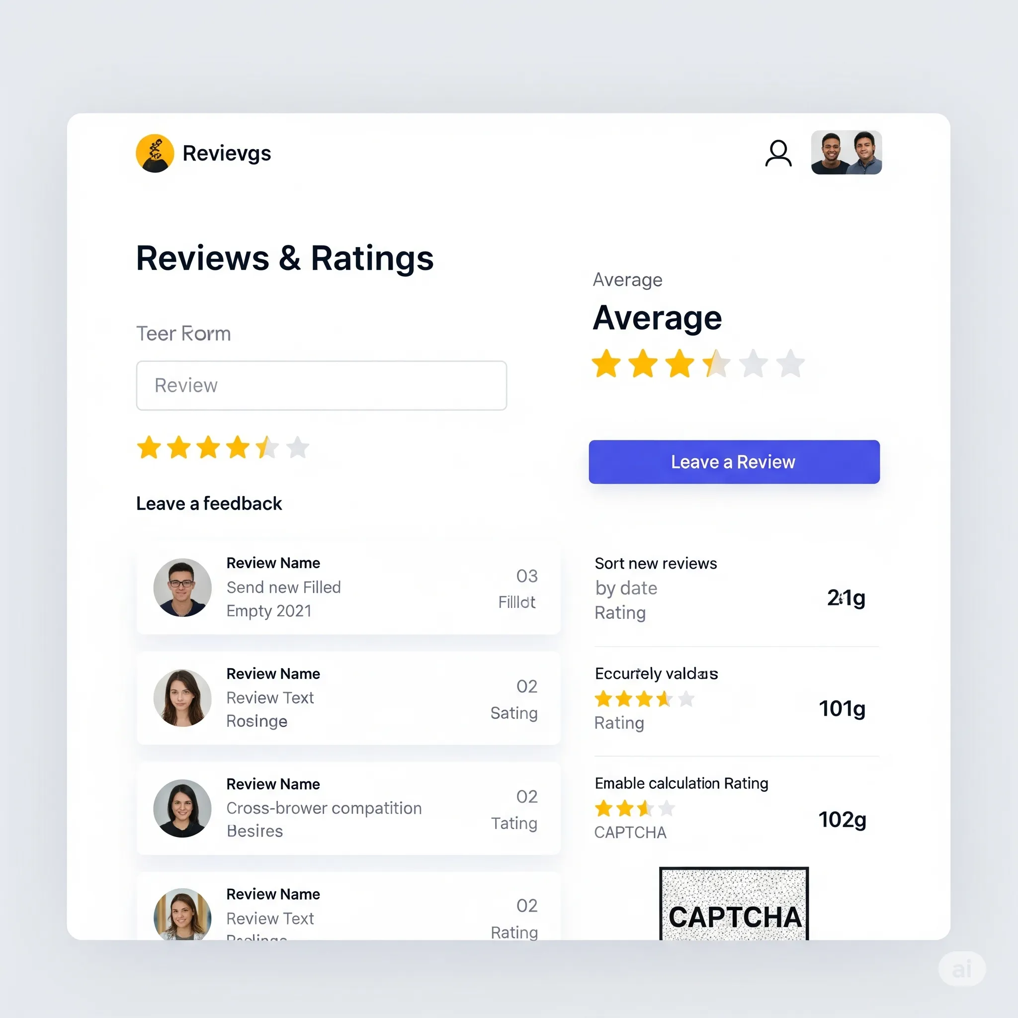 desktop preview of reviews module showing average rating, total number of reviews, and detailed feedback blocks
