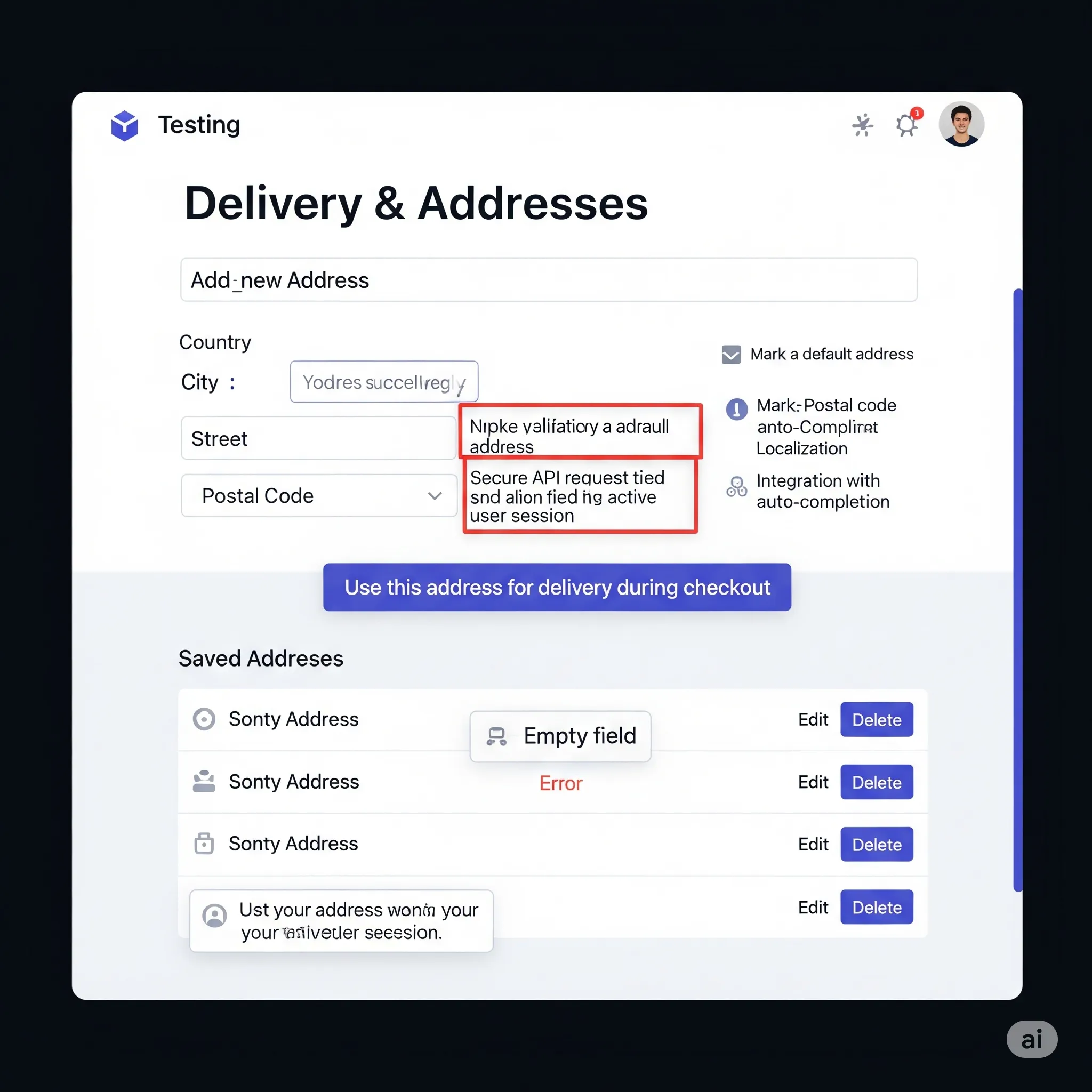 desktop view of saved addresses list with edit and delete controls in user account section