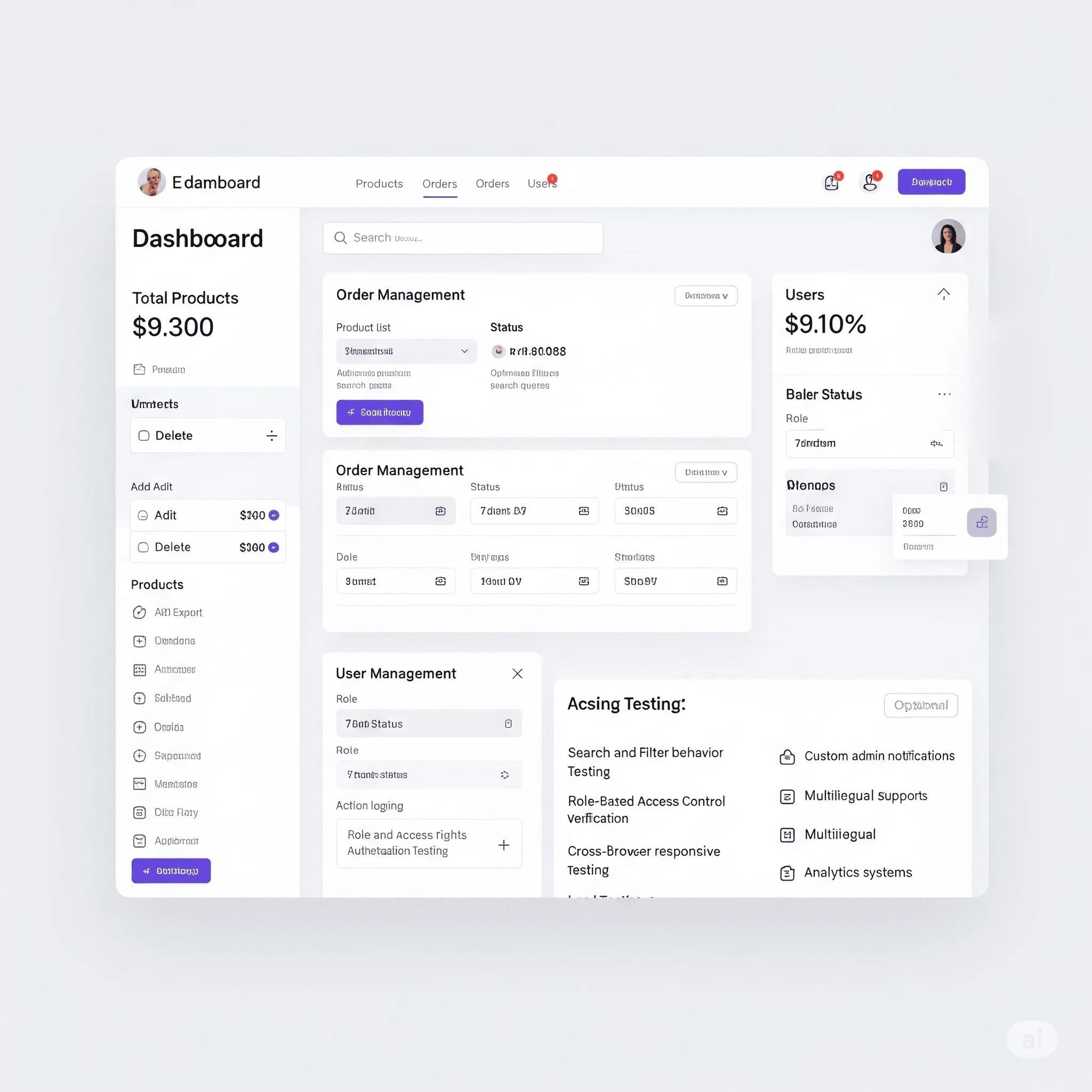 desktop preview of Admin Dashboard module with fast-access tabs for managing products, users, and orders