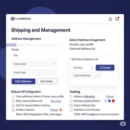 desktop preview of shipping address form with street, city, and postal code fields and validation hints