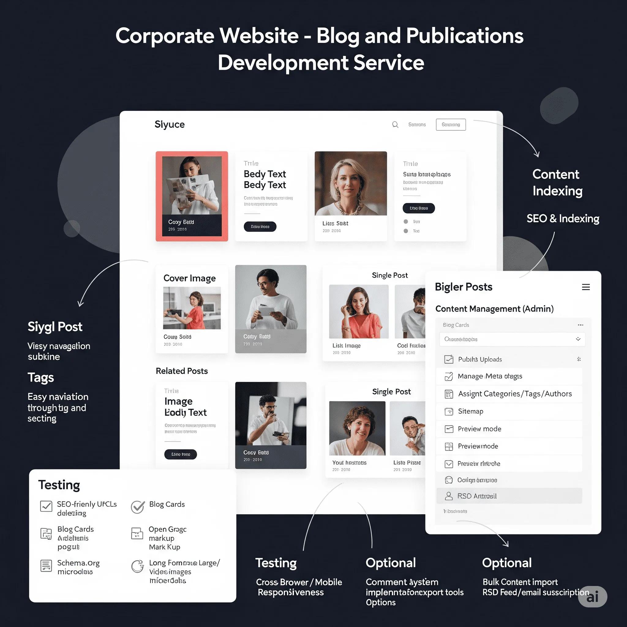 desktop view of blog module displaying article cards in a clean grid layout with featured images and meta info
