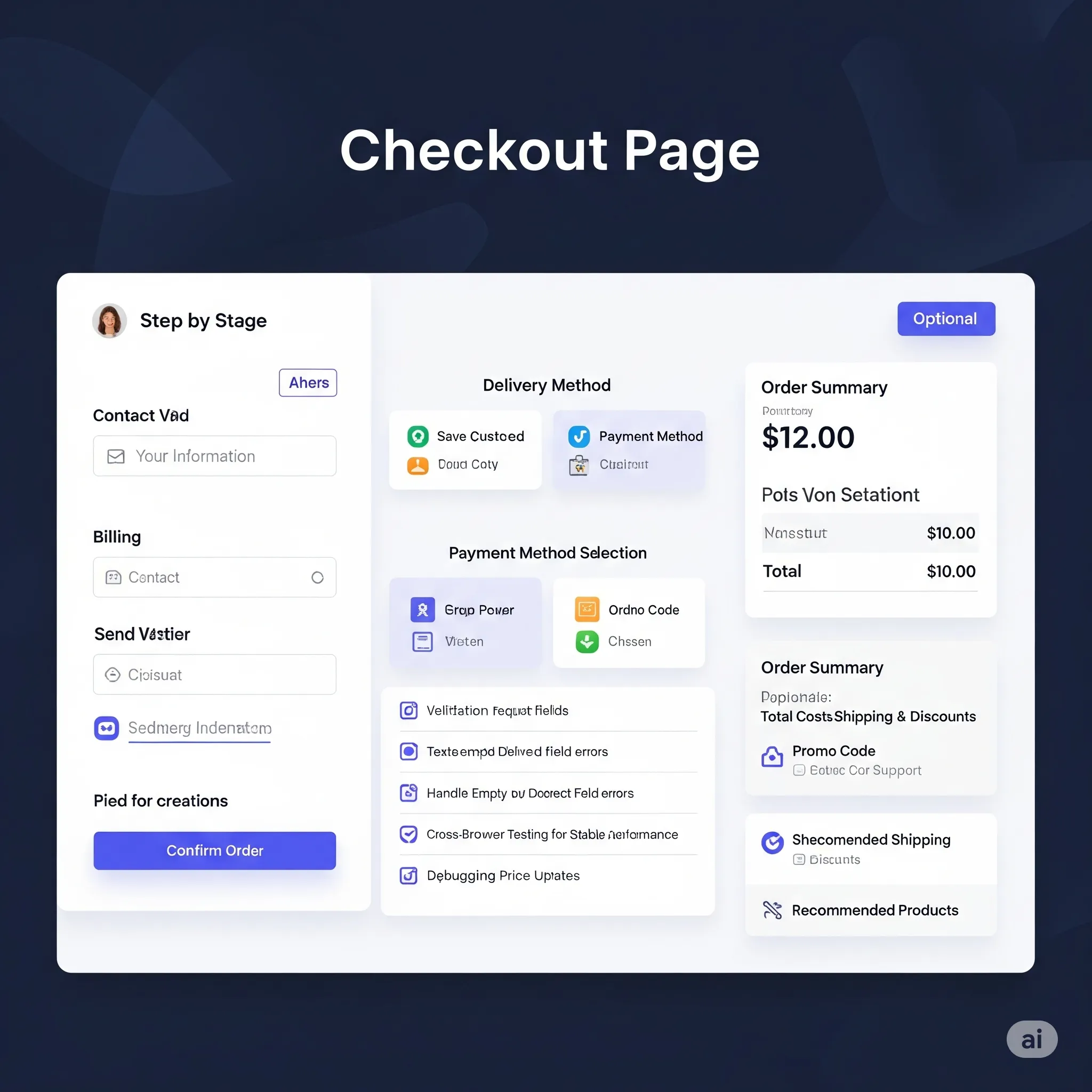 desktop preview of multi-step checkout page with contact input, delivery, and payment selection blocks