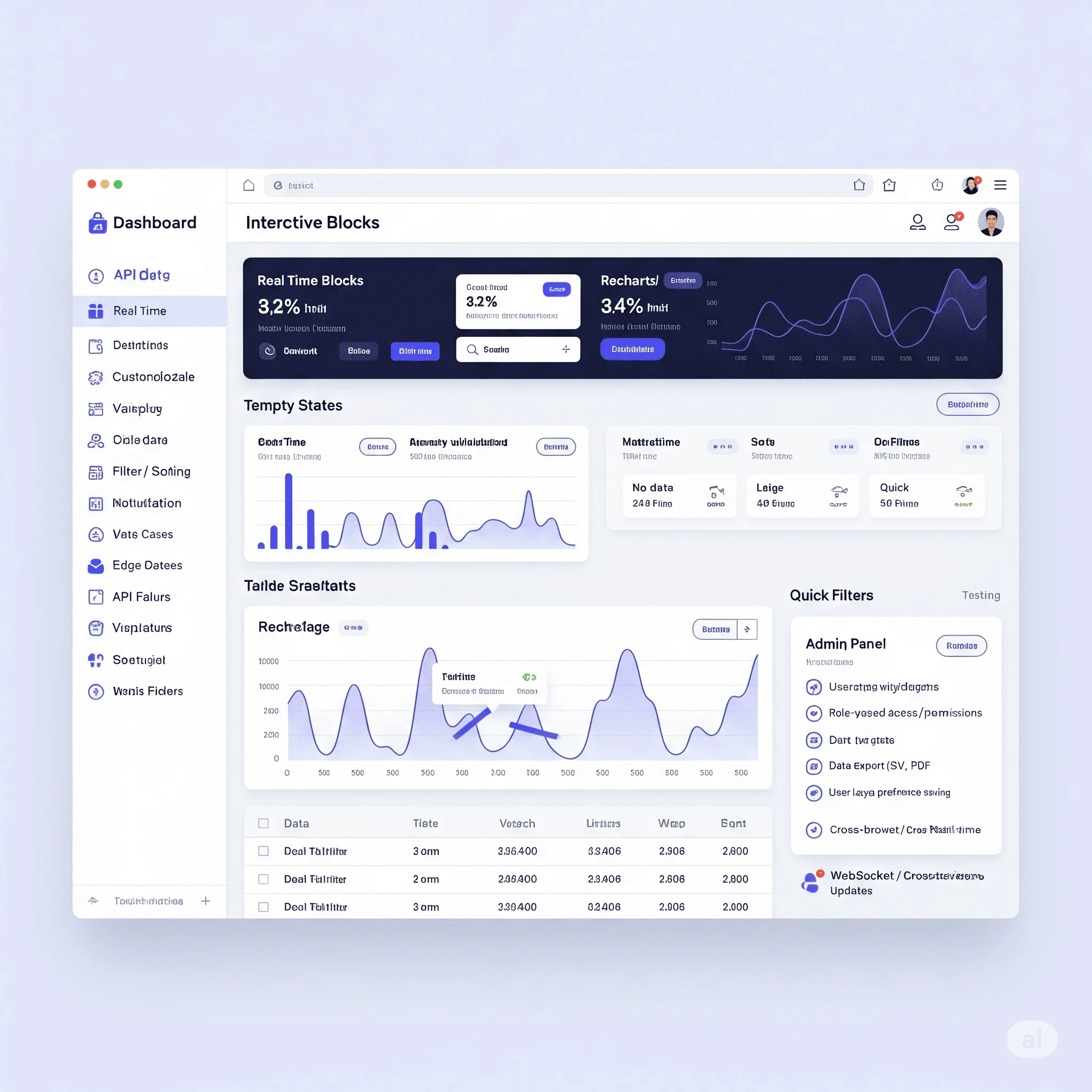 desktop screenshot of dashboard with performance analytics displayed via line and bar charts