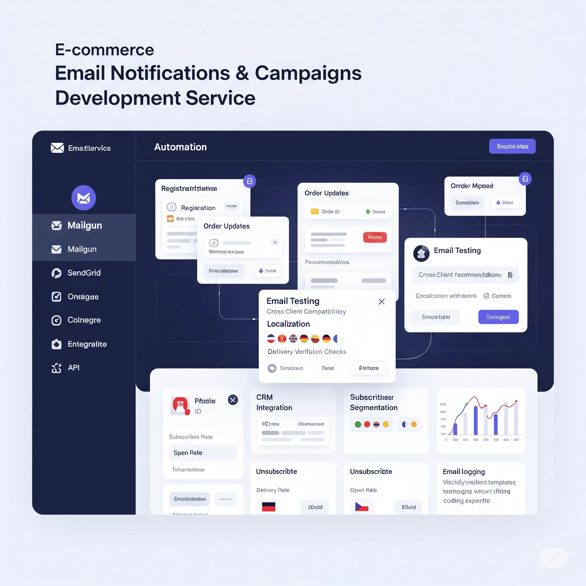 desktop dashboard showing email delivery logs and analytics with open and click rates