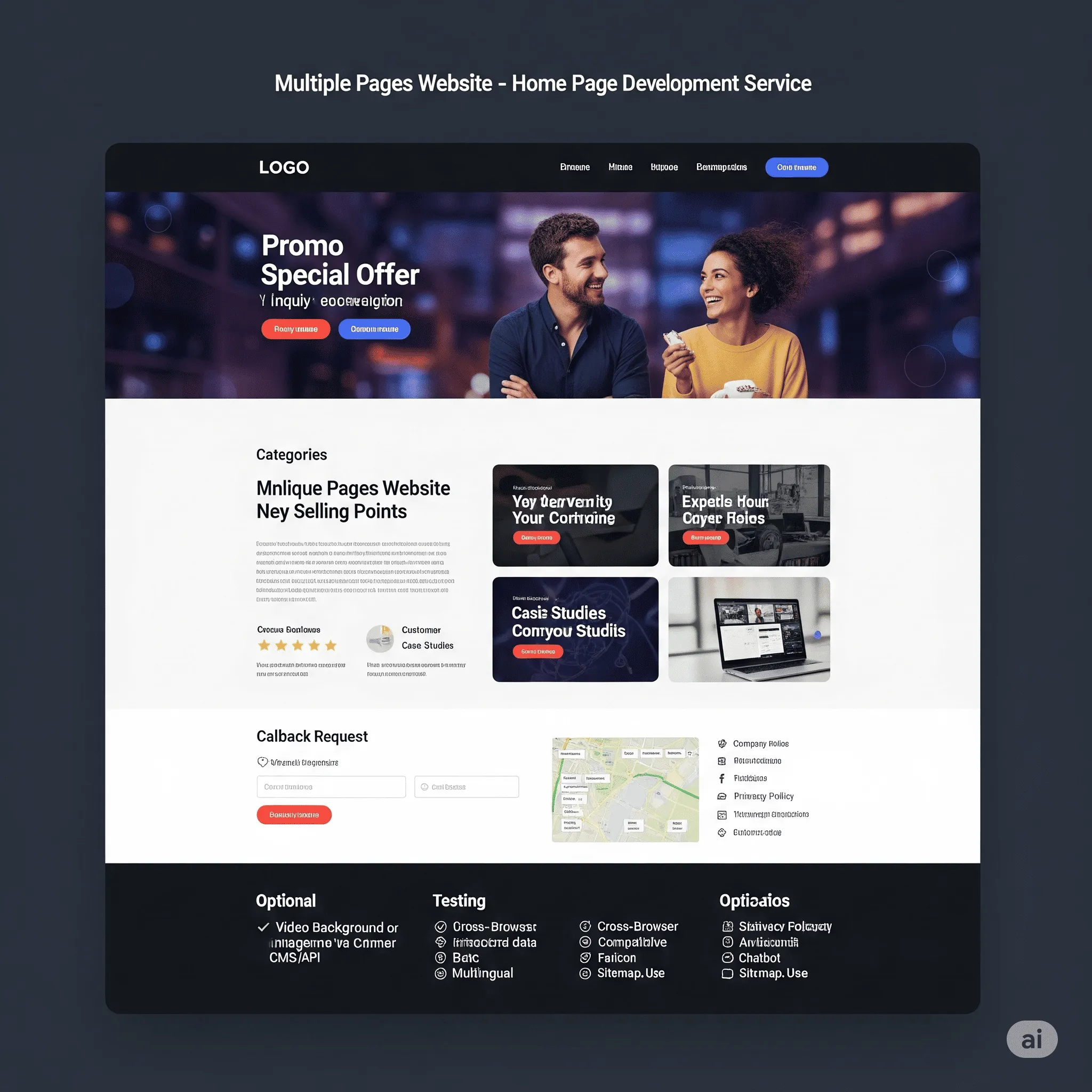 desktop screenshot of homepage showing benefits section, customer testimonials, and structured footer
