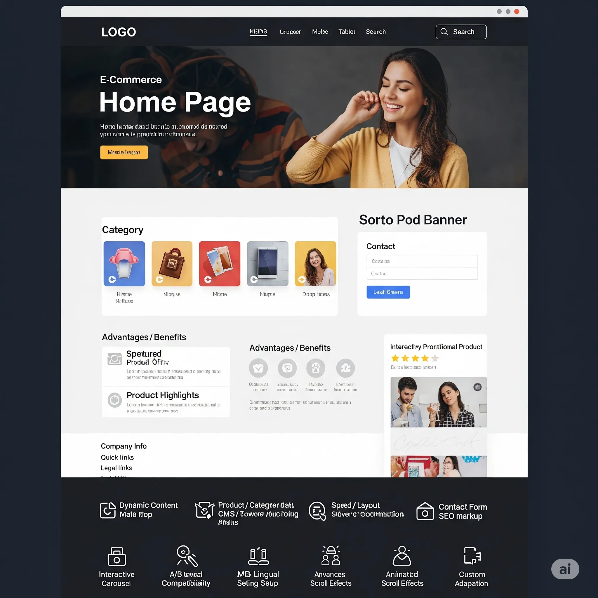 desktop preview of category blocks and featured product offers on the homepage