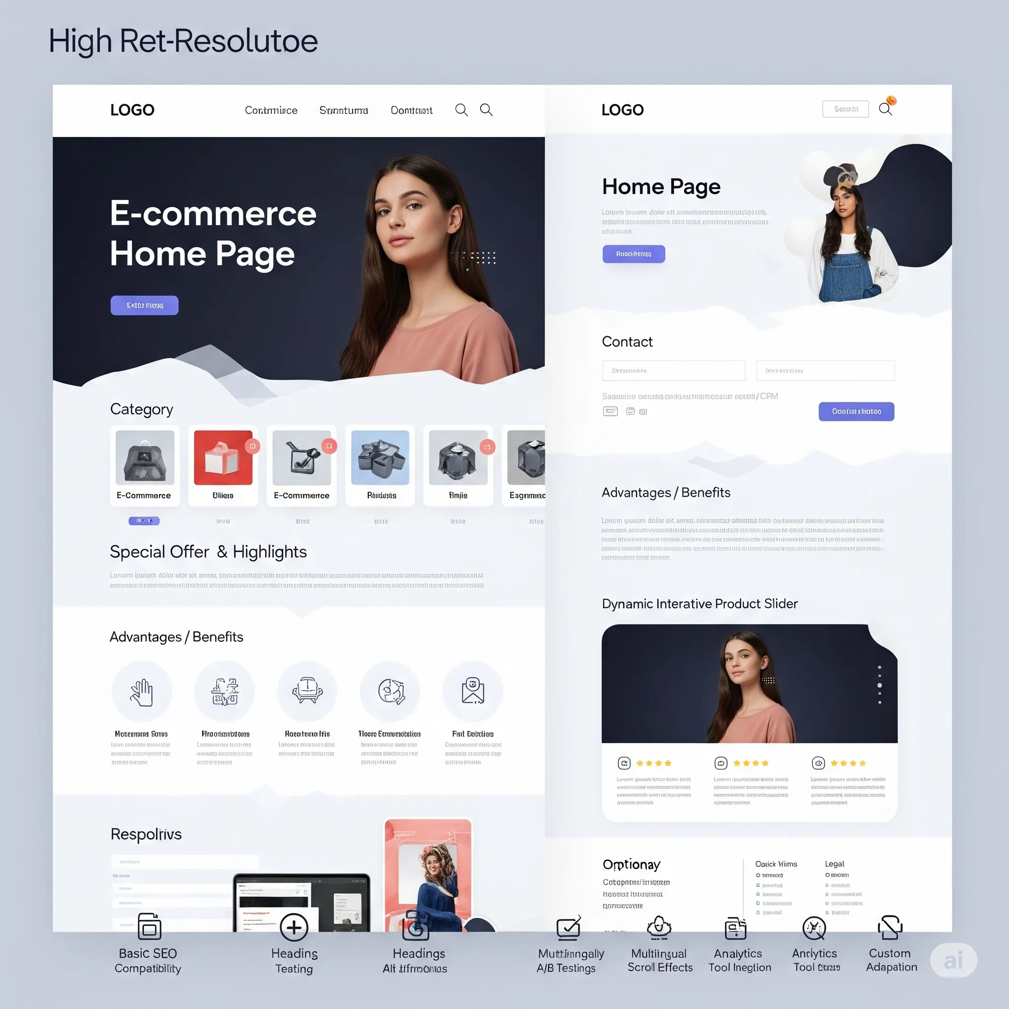 desktop layout showing contact form, advantages section, and full footer with links