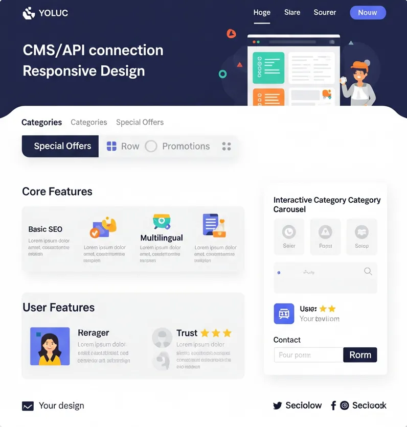 desktop preview of landing page with navigation menu, contact form, and customer trust section