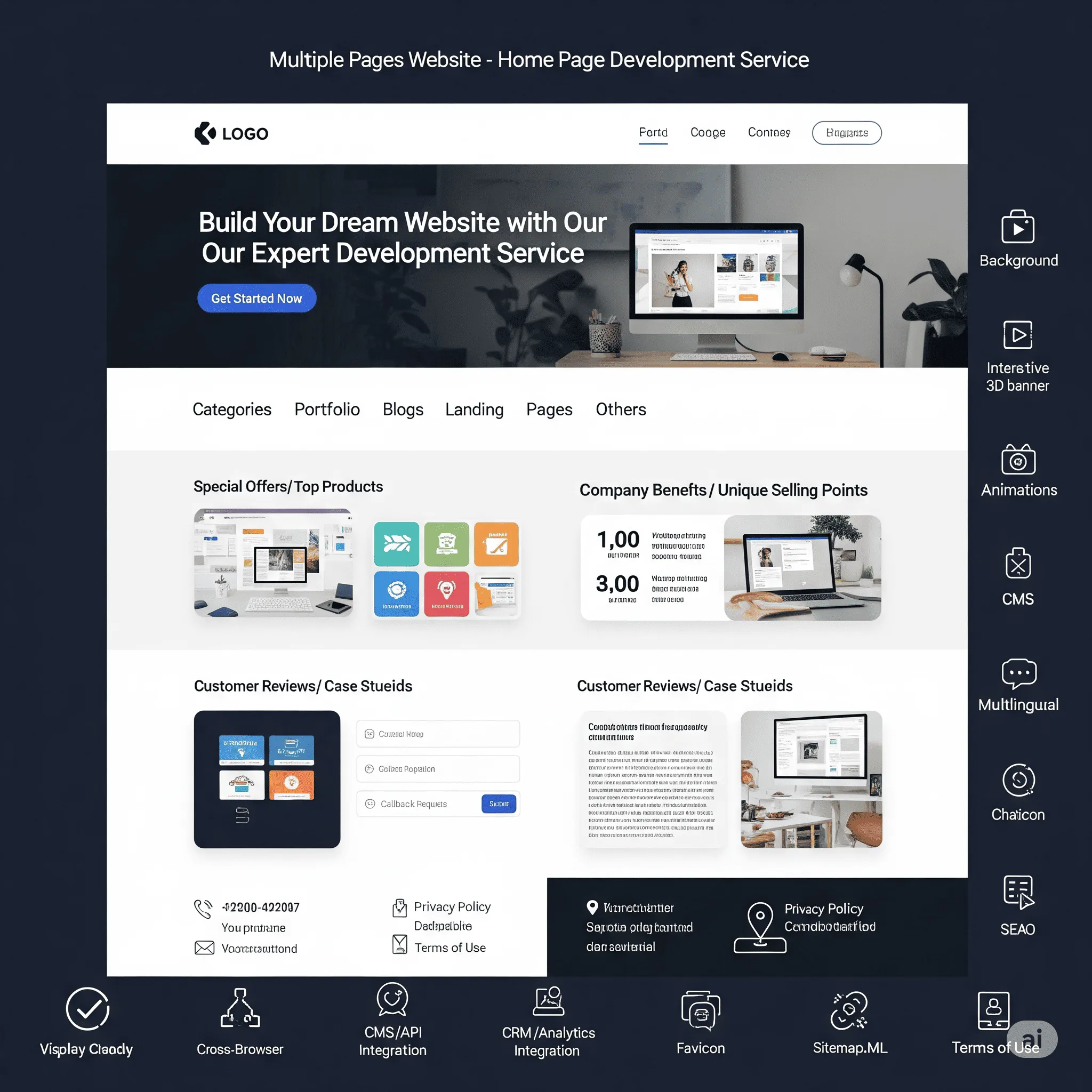 desktop preview of homepage with hero banner, navigation menu, and featured call-to-action