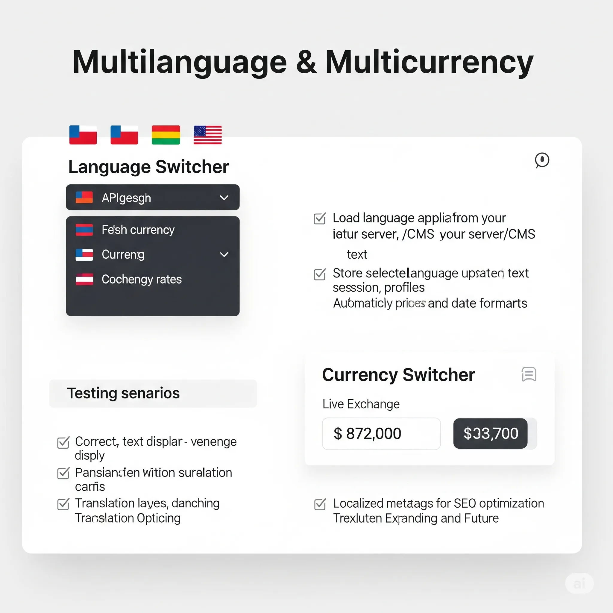desktop preview of a language switcher with dropdown menu and country flags for multilingual support
