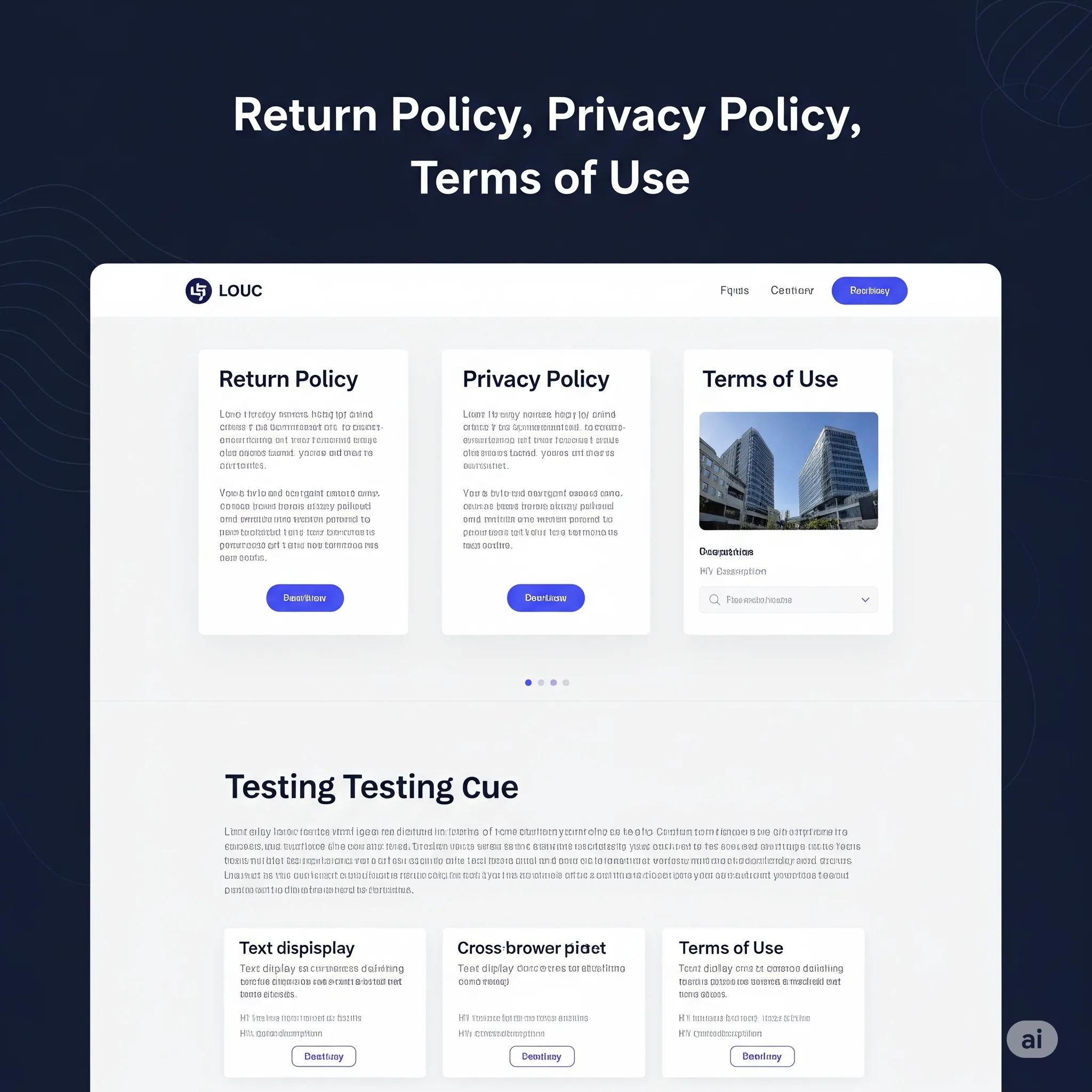 desktop view of structured legal pages layout with clear section navigation for return policy, privacy, and terms