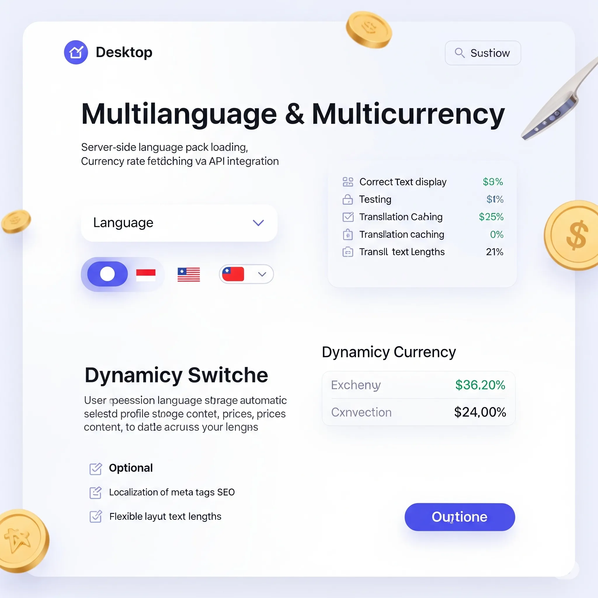 desktop preview of dynamically updated UI elements, including translated text and converted pricing
