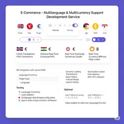 desktop preview showing language and currency switcher in website header with multiple options