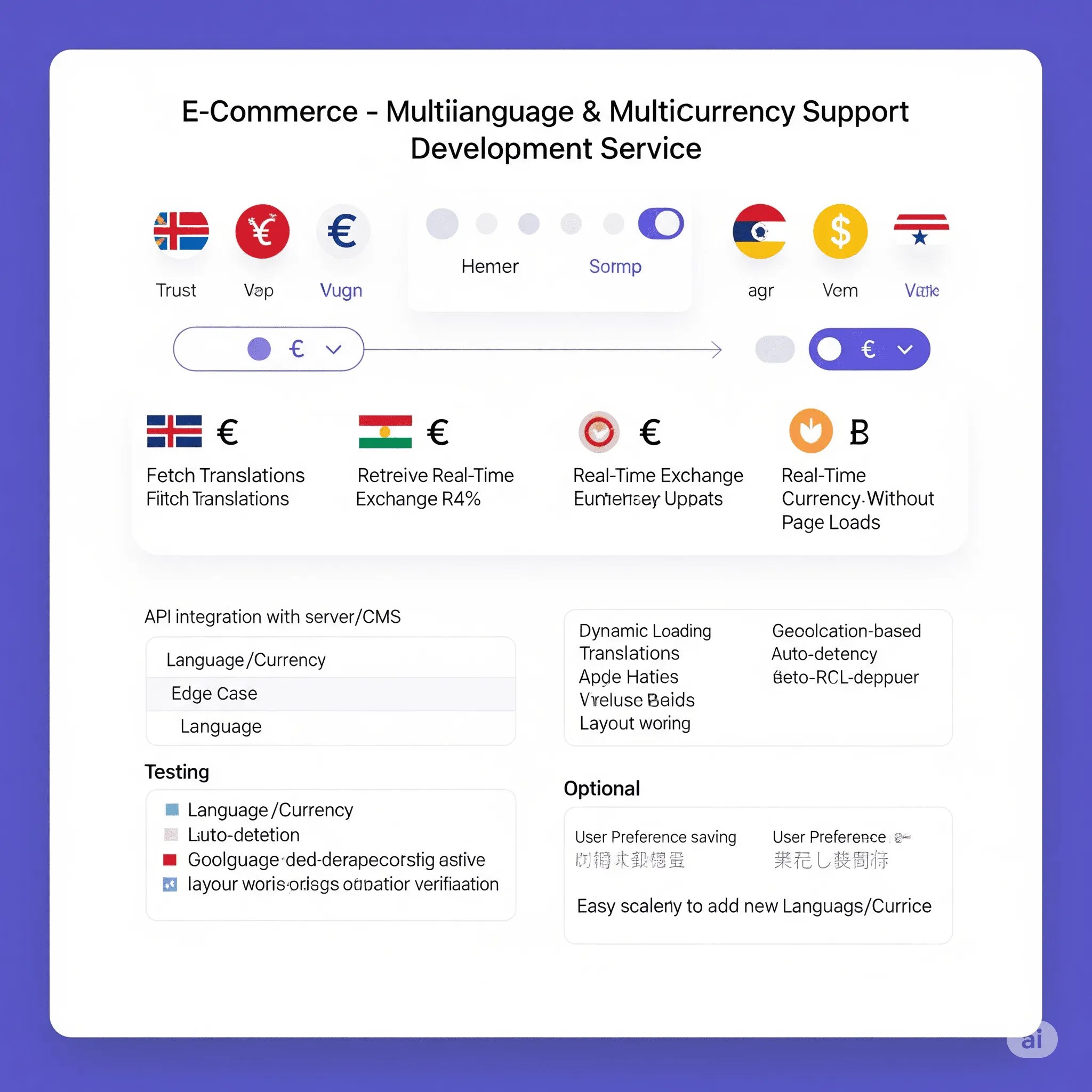desktop preview showing language and currency switcher in website header with multiple options