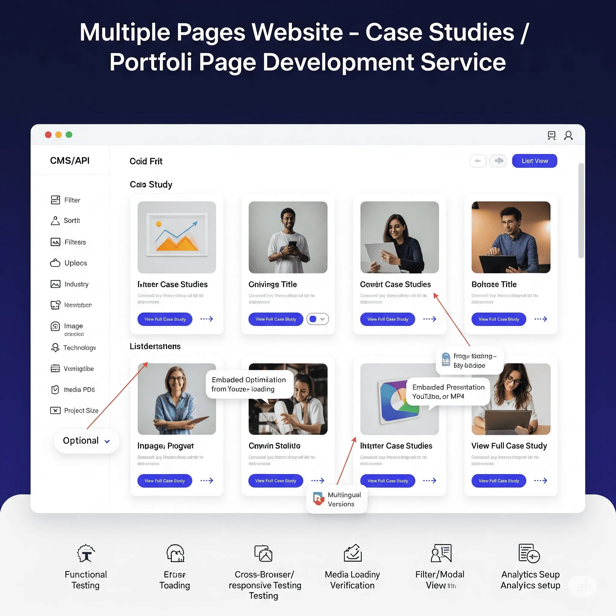 desktop preview of portfolio page showing case study cards with interactive hover effects and project summaries
