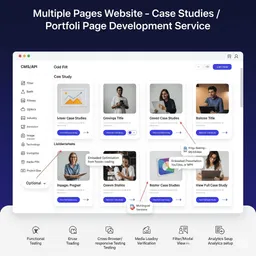 desktop preview of portfolio page showing case study cards with interactive hover effects and project summaries