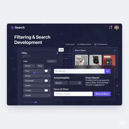 desktop preview of filtering and search module with product filters, search bar, and sorting options