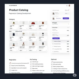 desktop view of product catalog with grid layout, product cards displaying image, title, and price