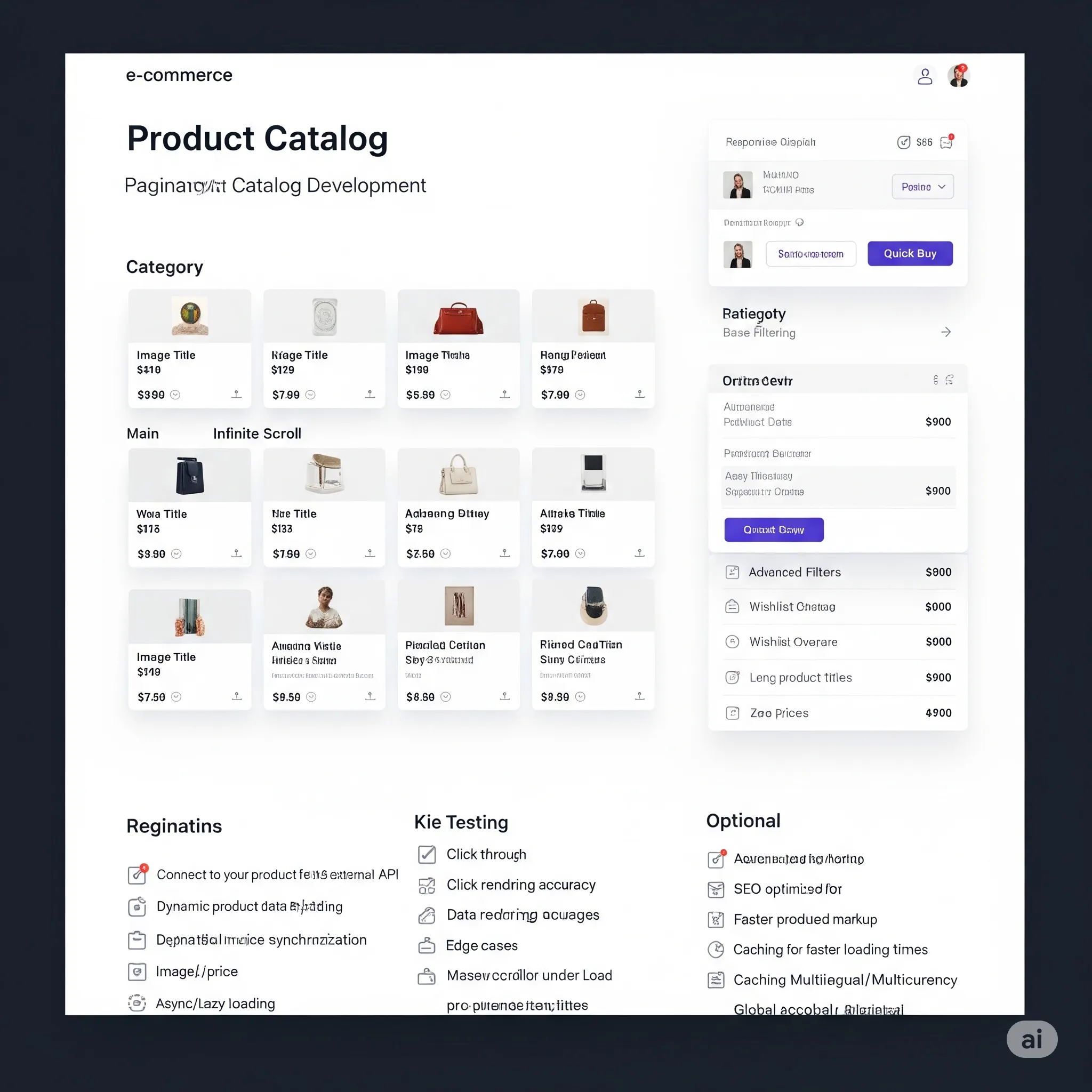 desktop view of product catalog with grid layout, product cards displaying image, title, and price