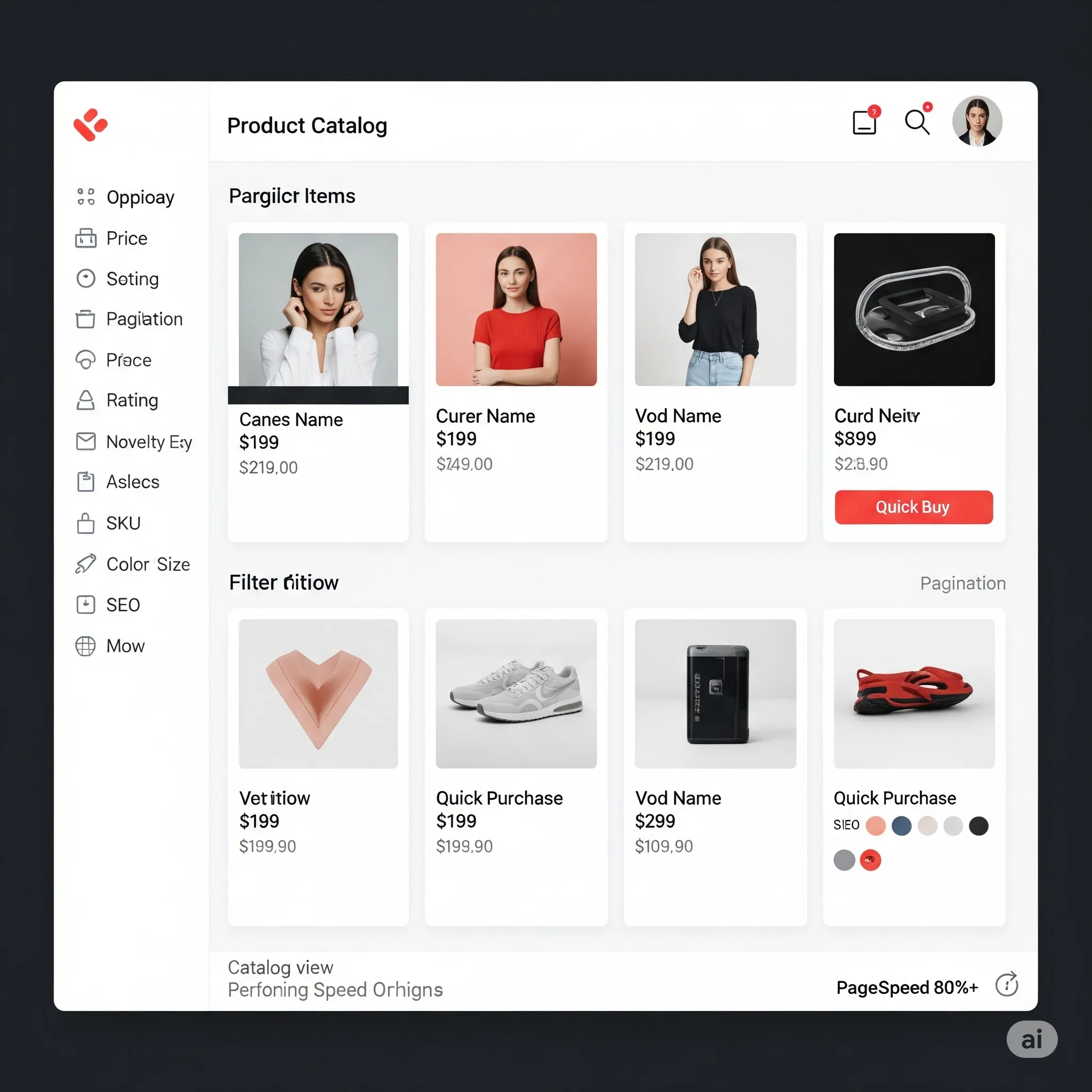 Desktop preview of product catalog module featuring product filters and sorting options