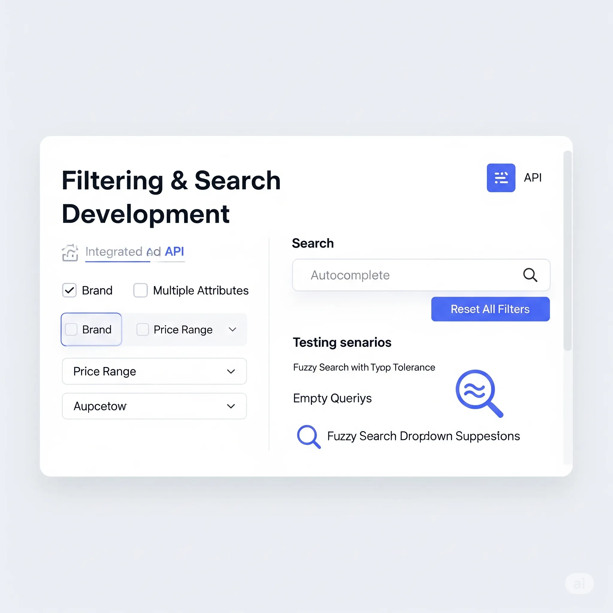 desktop preview of filtering and search module showing reset-filters button and grid pagination controls