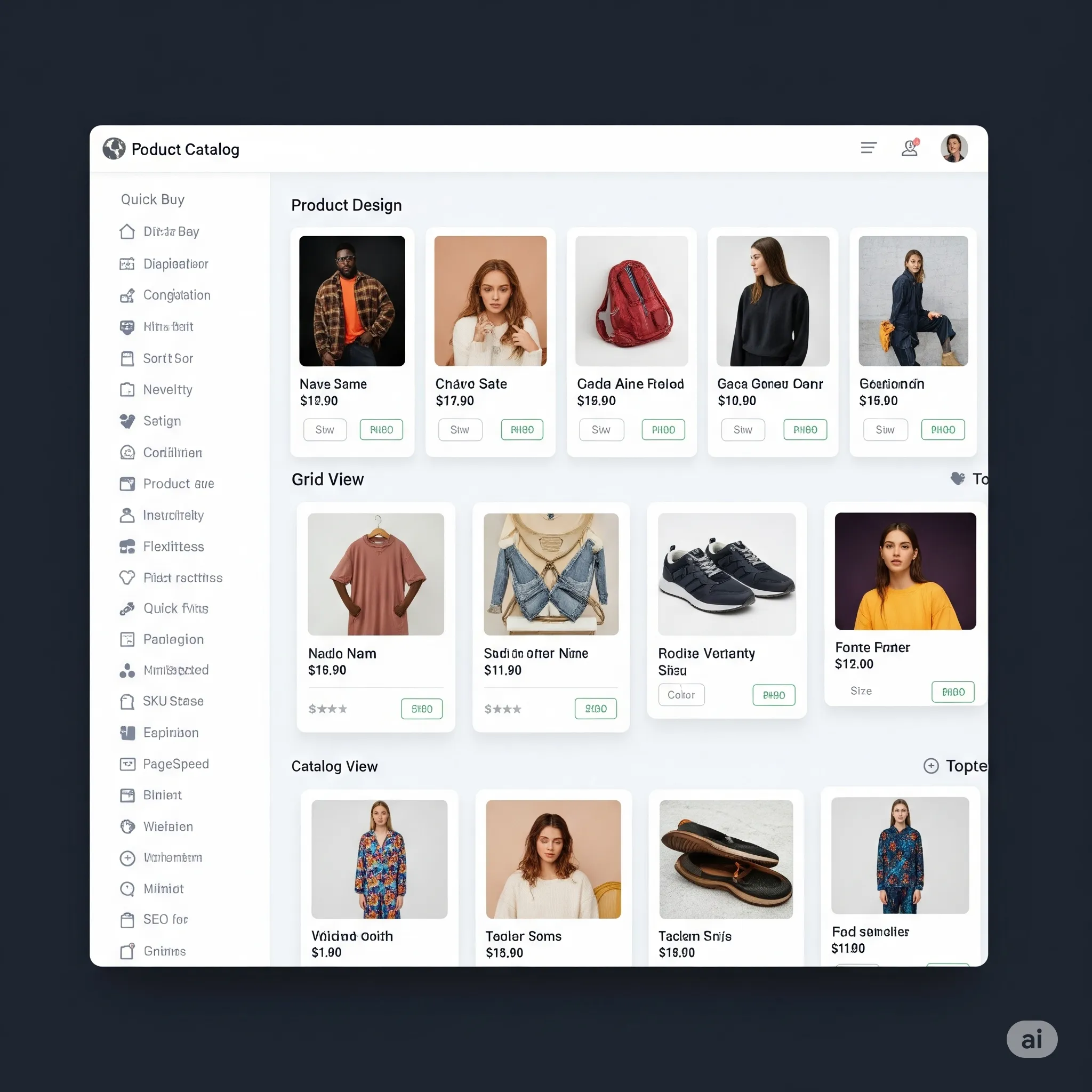 Mobile view of product catalog module showing responsive product cards and quick-buy button