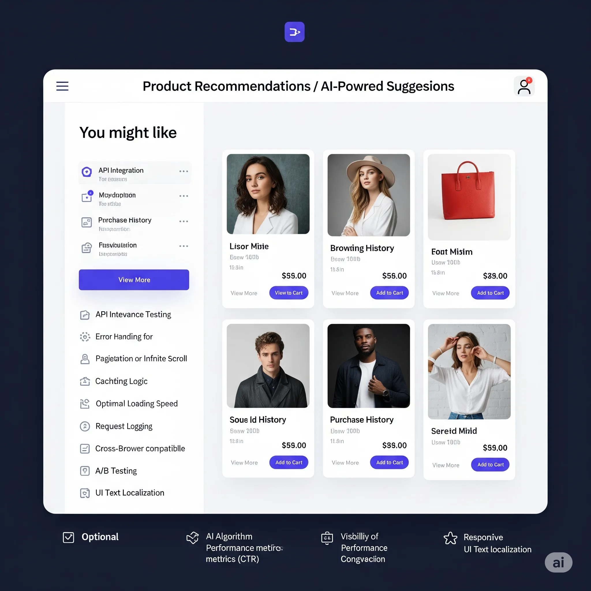 desktop product recommendation block in grid format showing tailored picks with dynamic pricing and category tags