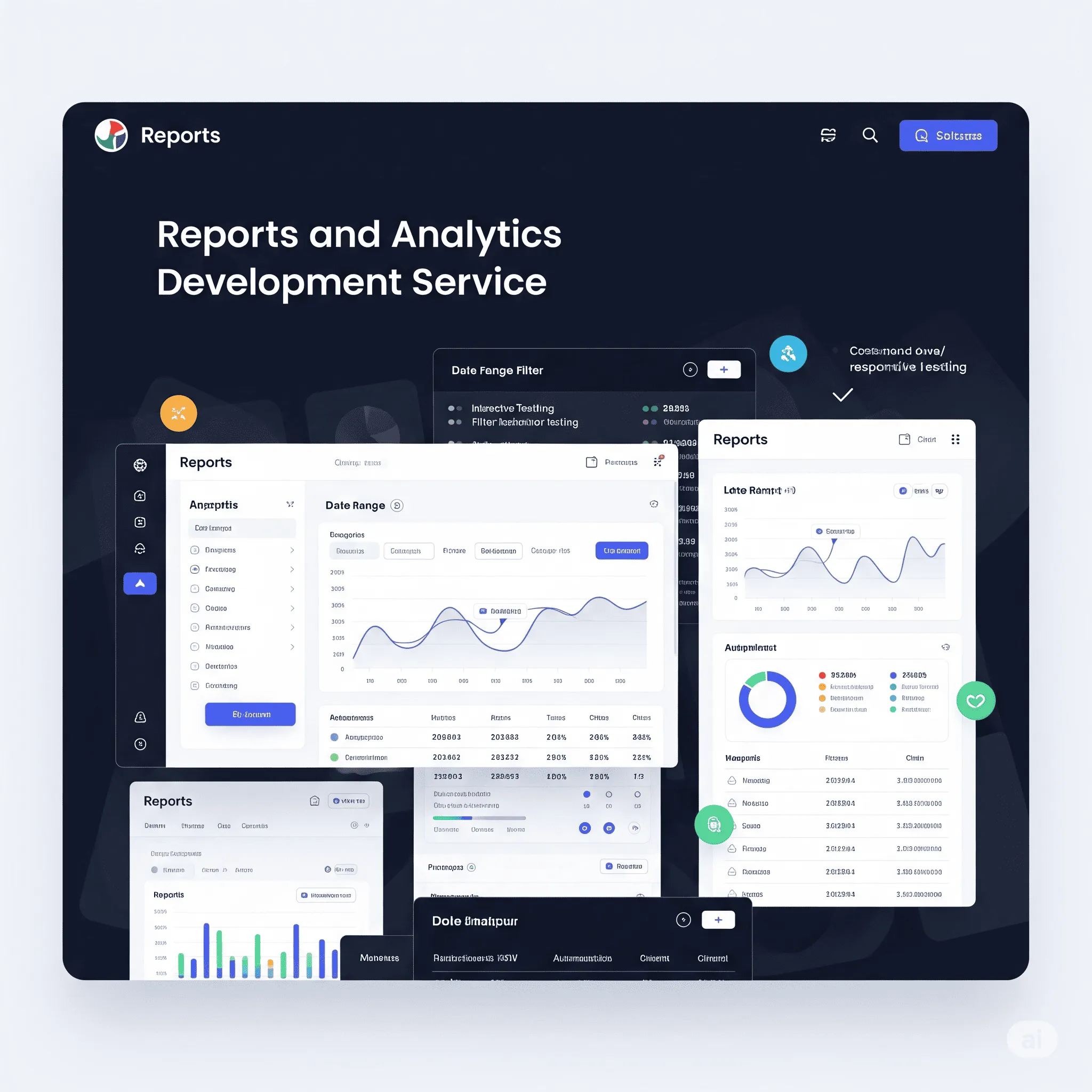 desktop view of reports module with filter panel and custom date range selector for data insights