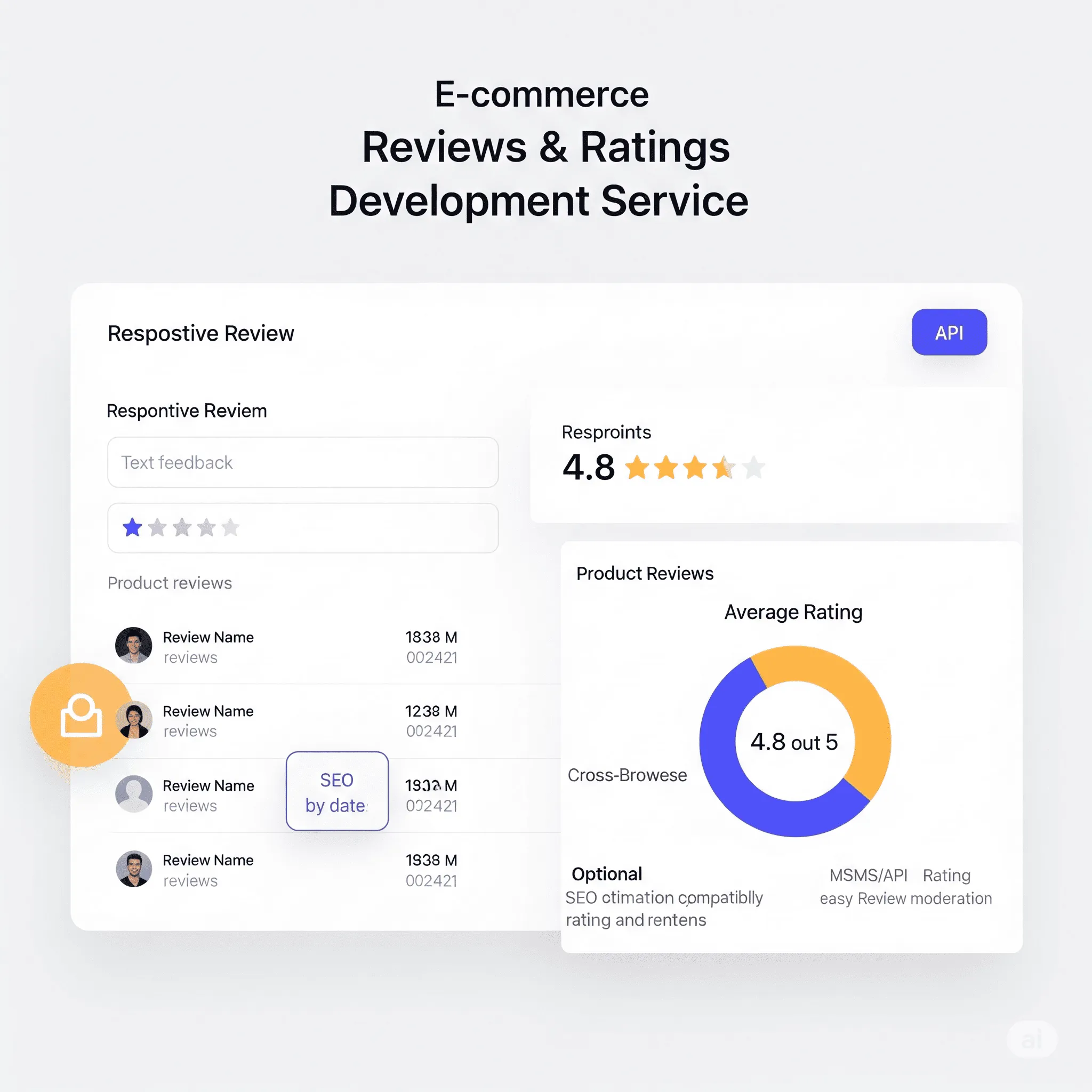 desktop interface showing a list of reviews with usernames, comments, dates, and a visualized average rating
