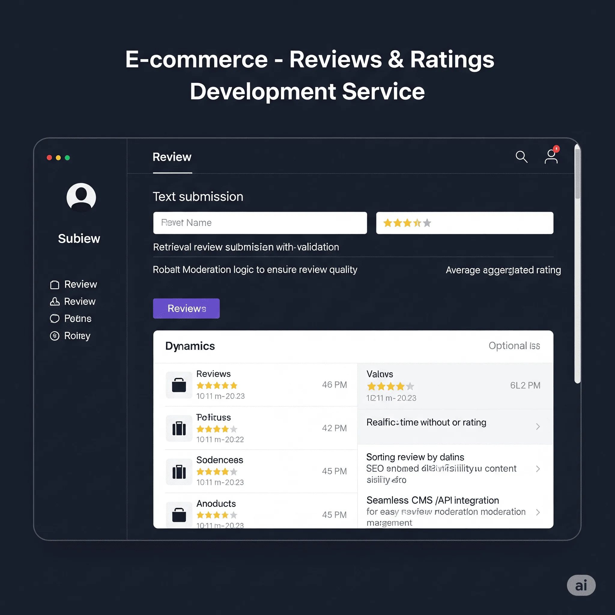 desktop screen with sorting options for reviews by rating or date and backend moderation controls