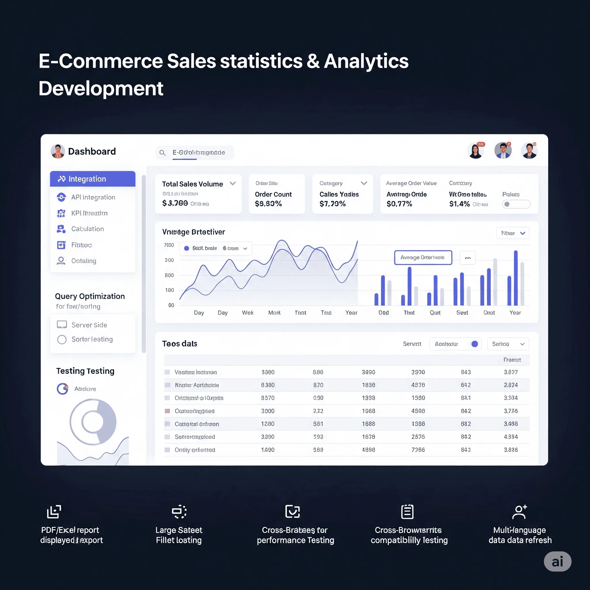 desktop preview of analytics module with category filter and sales data breakdown by product group