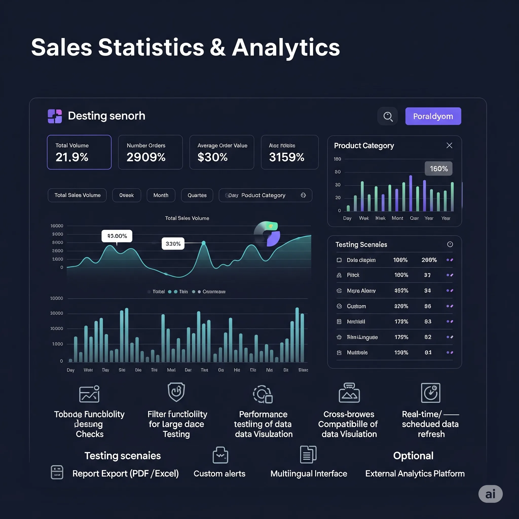 desktop screenshot of sales analytics module with filters by date range and product categories