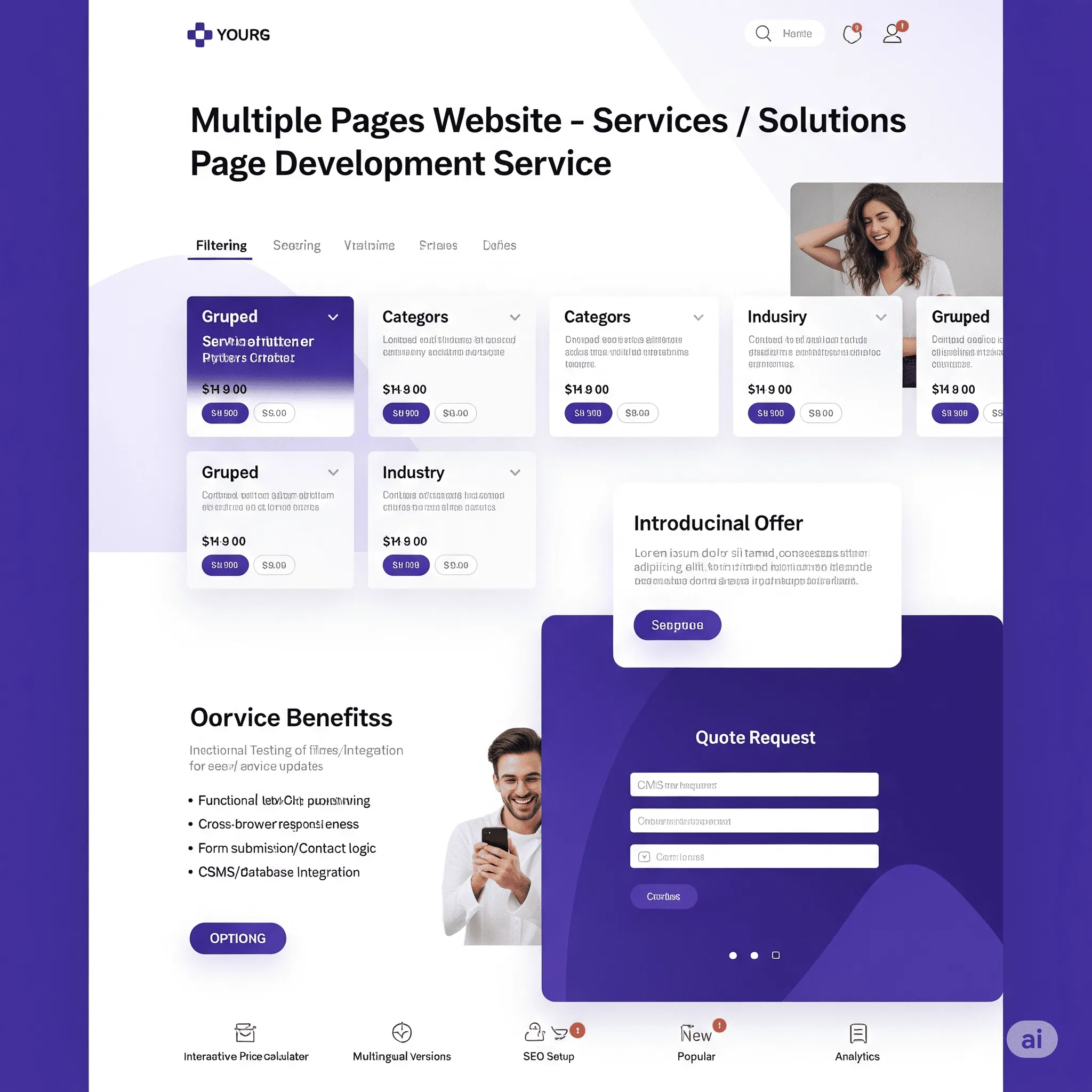 desktop view of categorized service sections with custom icons and filter navigation