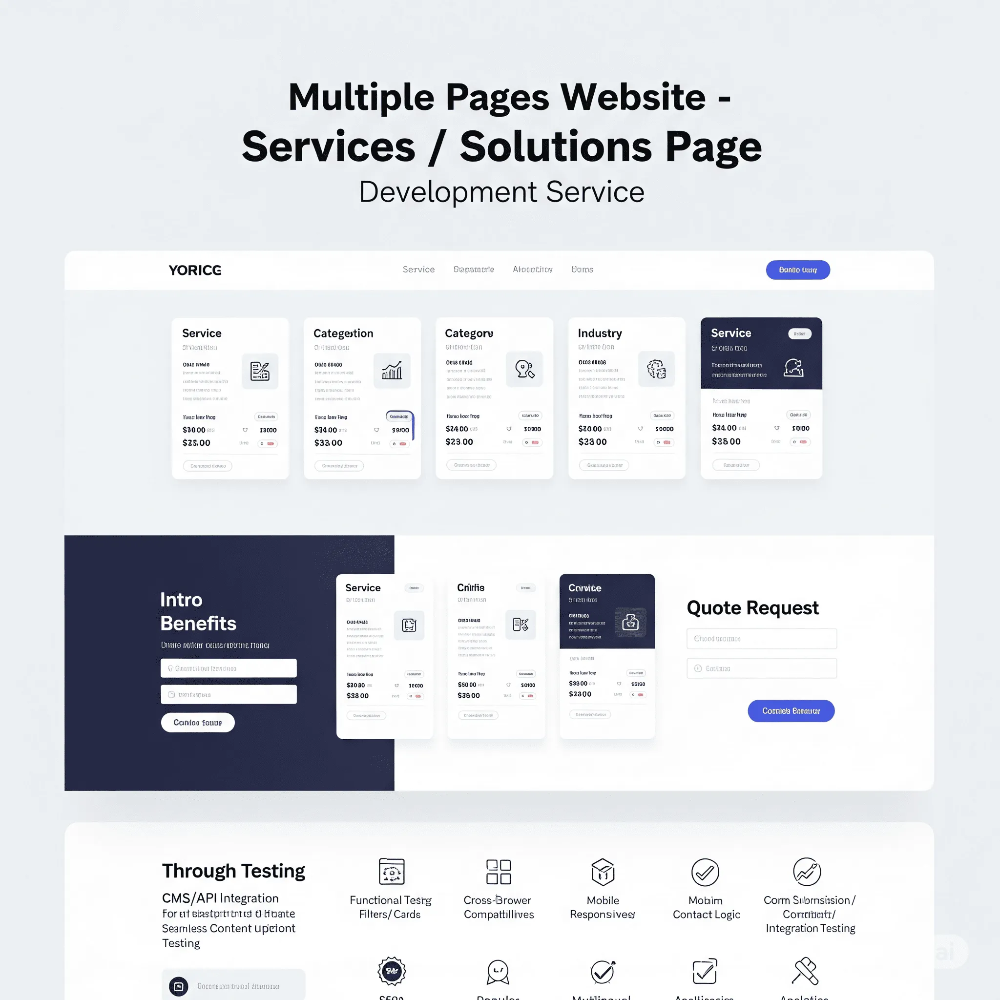 desktop preview of services page showing grouped service cards with interactive tab-based filtering