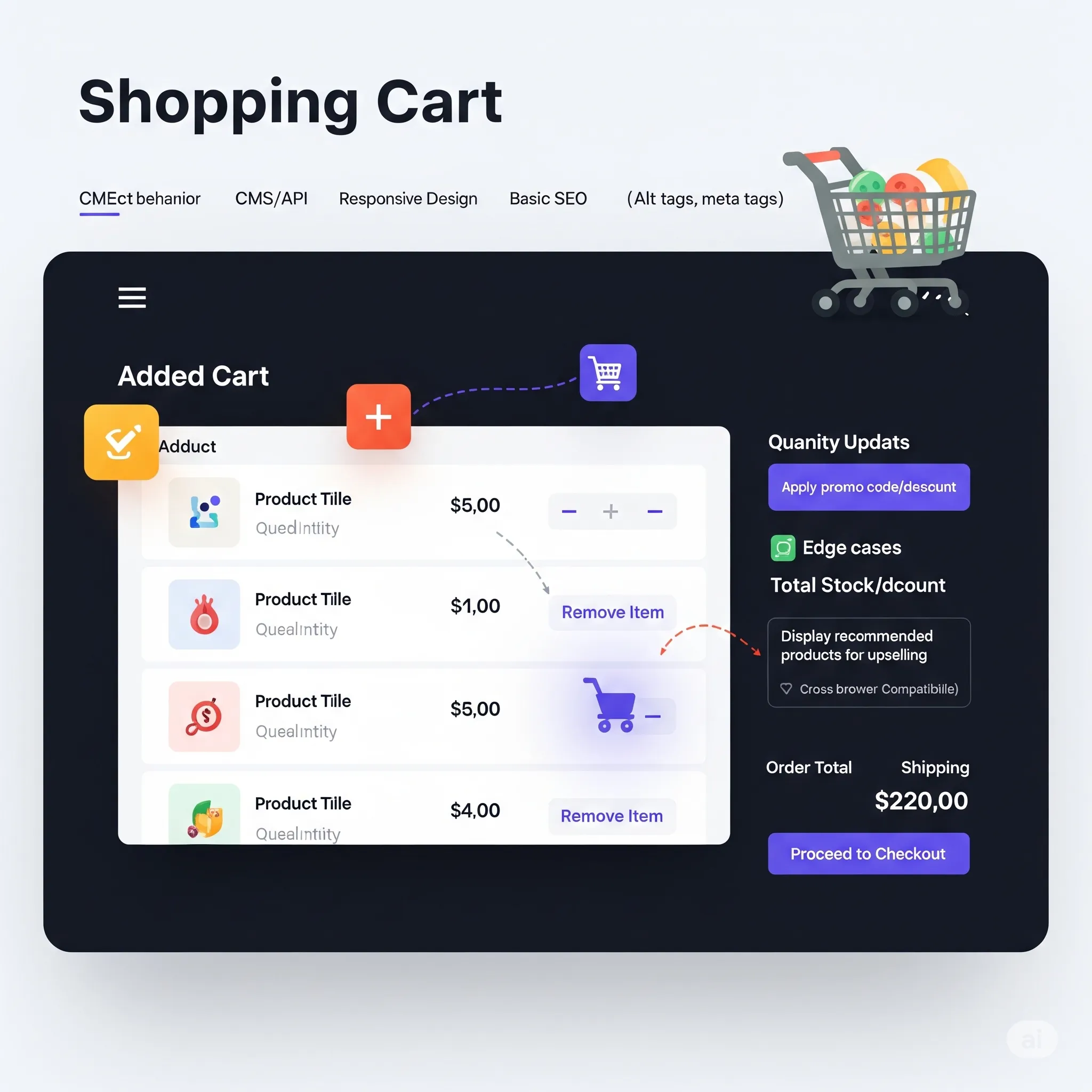 desktop preview of shopping cart with empty-state message and fast-loading interface