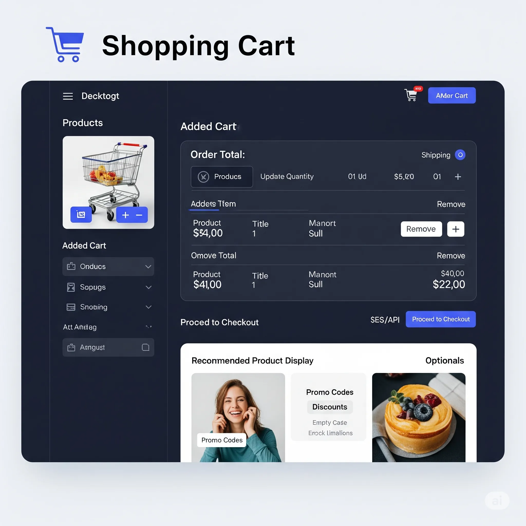 desktop preview of shopping cart page showing product list with quantity controls and total price updates