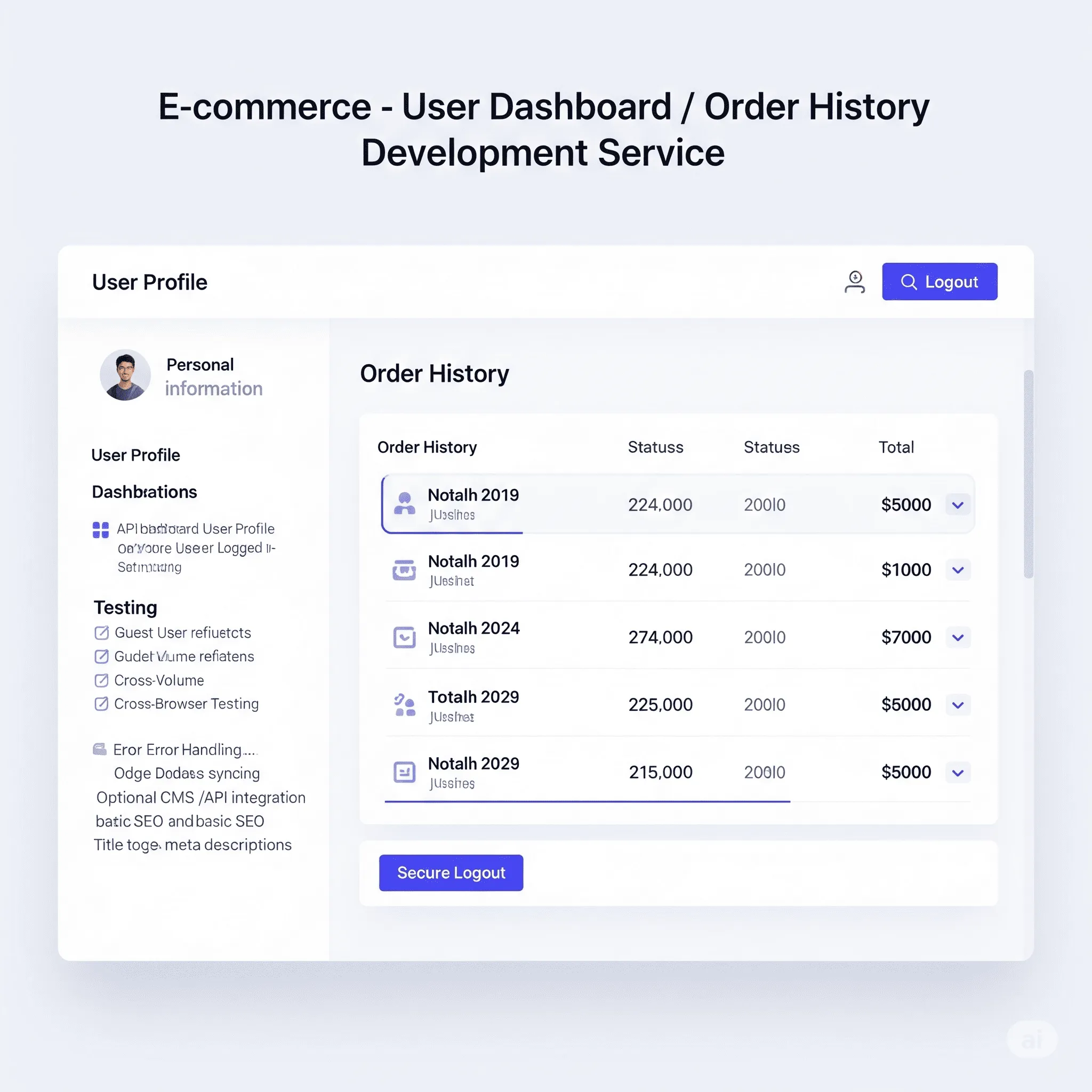 desktop preview of user dashboard showing profile information alongside recent orders list