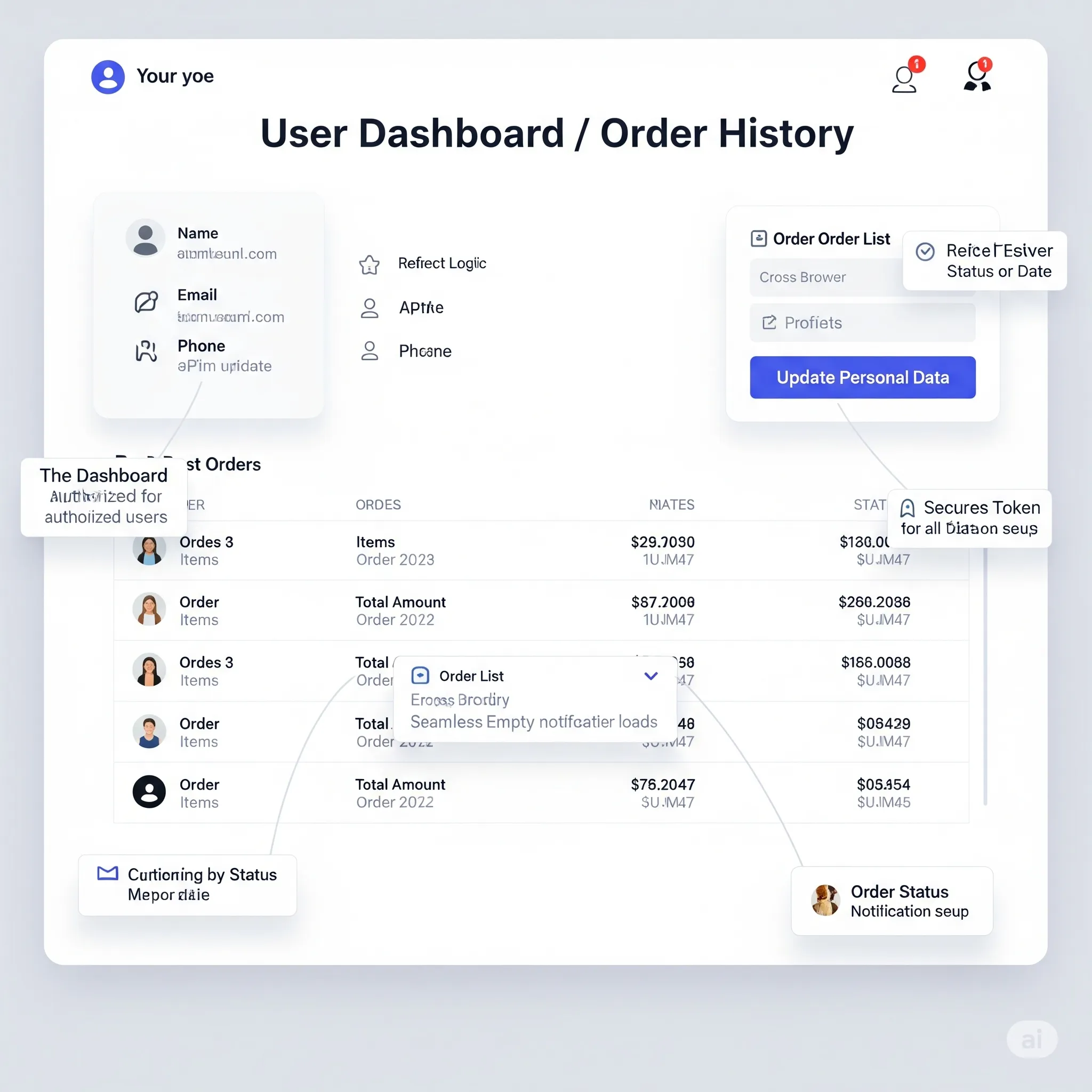 desktop view of user dashboard with profile summary, contact info, and update button