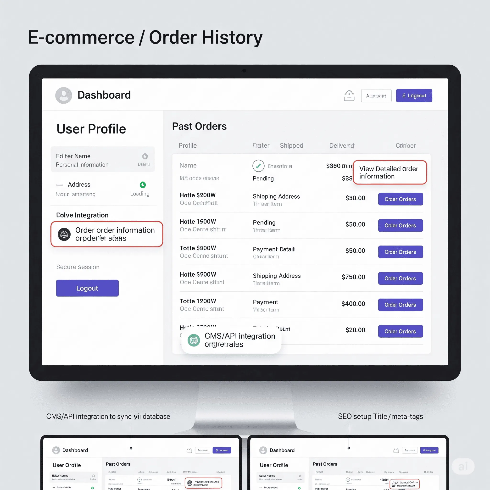 desktop screen with full order history and visual indicators for order status and dates