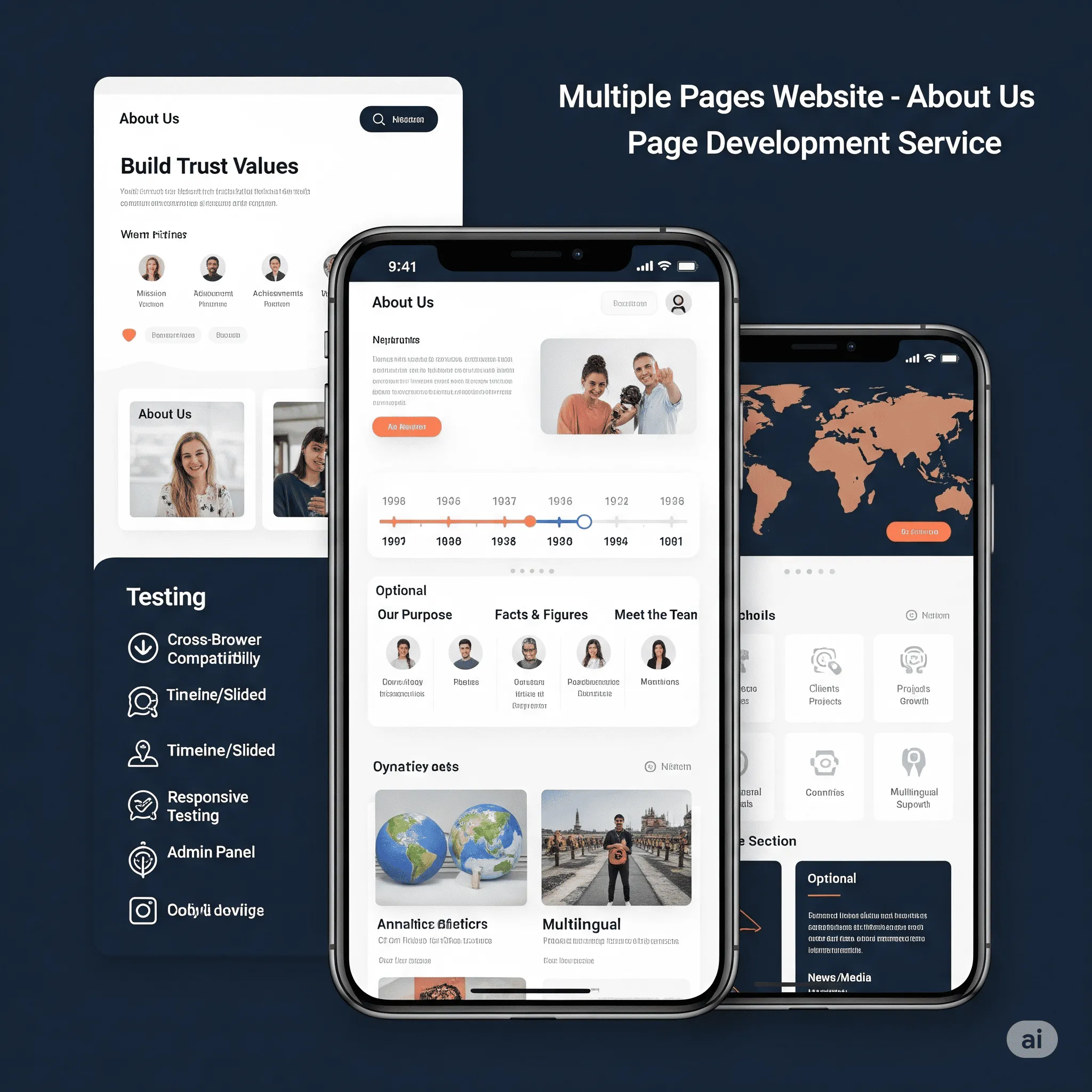 mobile version of About Us page showing interactive timeline slider with smooth transitions