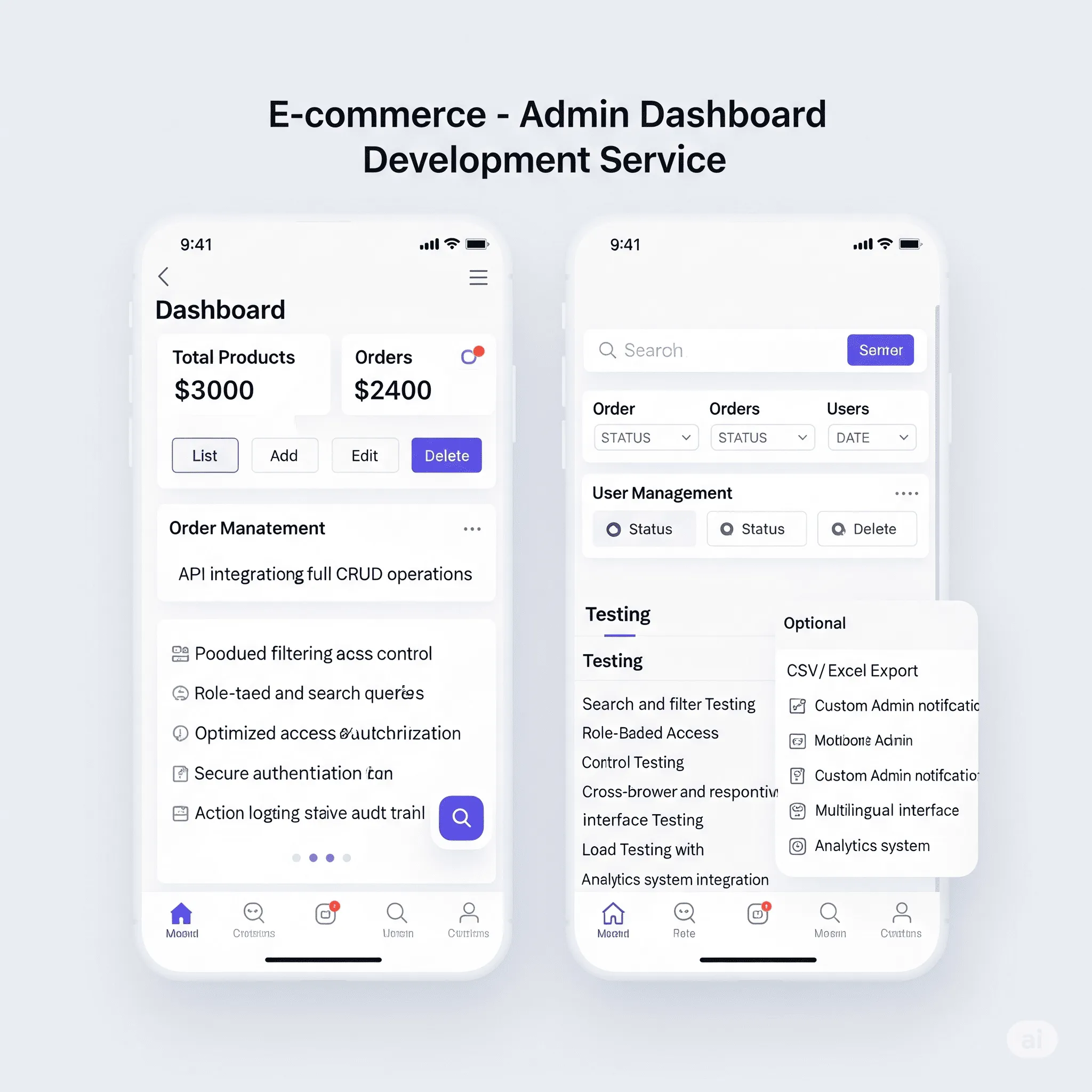 mobile preview of admin interface with notification panel for recent order activities and updates